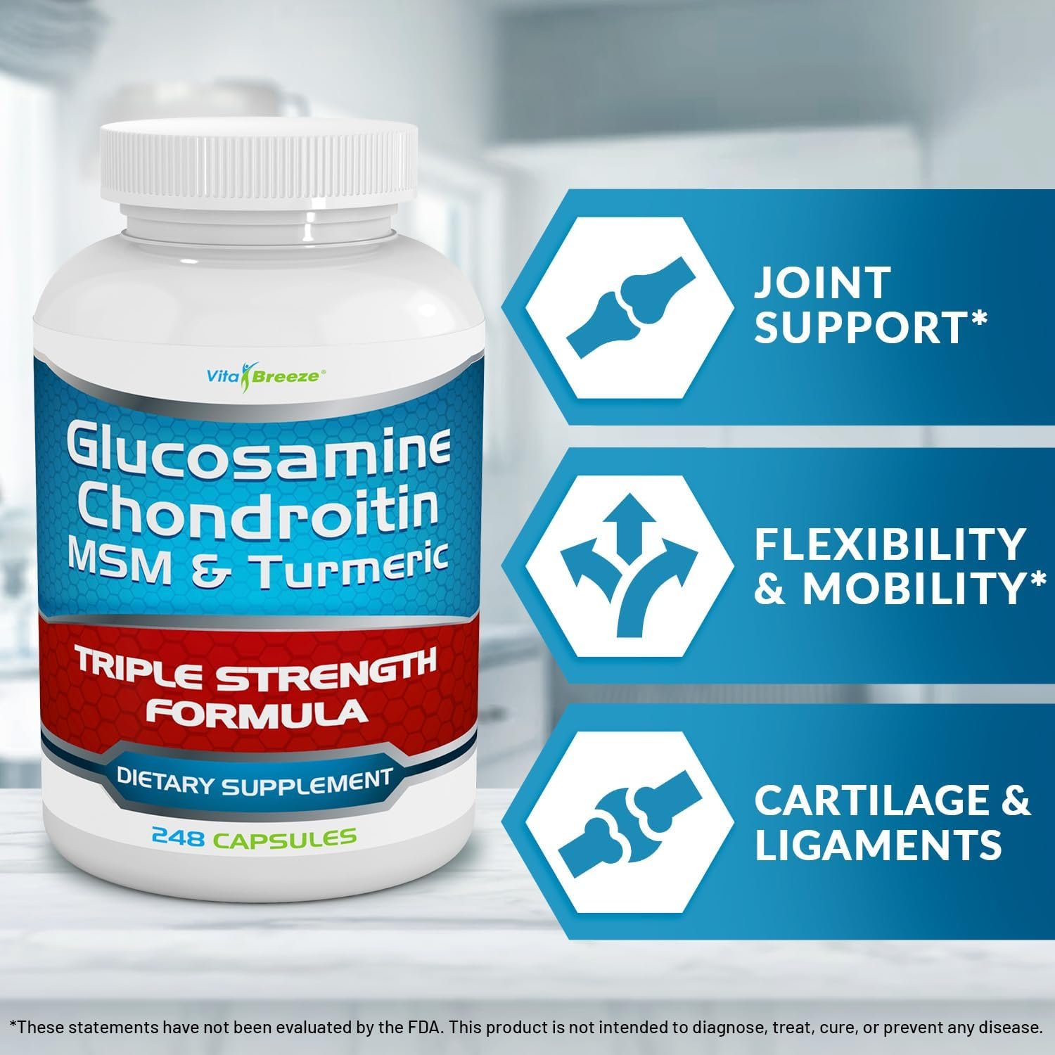 VitaBreeze Glucosamine Chondroitin, MSM & Turmeric Dietary Supplement - 248 Capsules - Image 6