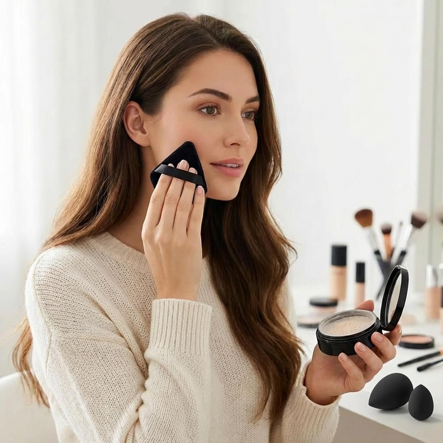 20 Pcs Makeup Sponge Set, Blender Sponges Kit with Head Band, Powder Puffs, Sponge Cleaner and Wrist Bands, Medium Mini Size Beauty Sponges For Contouring, Eye and Corner Black - Image 3