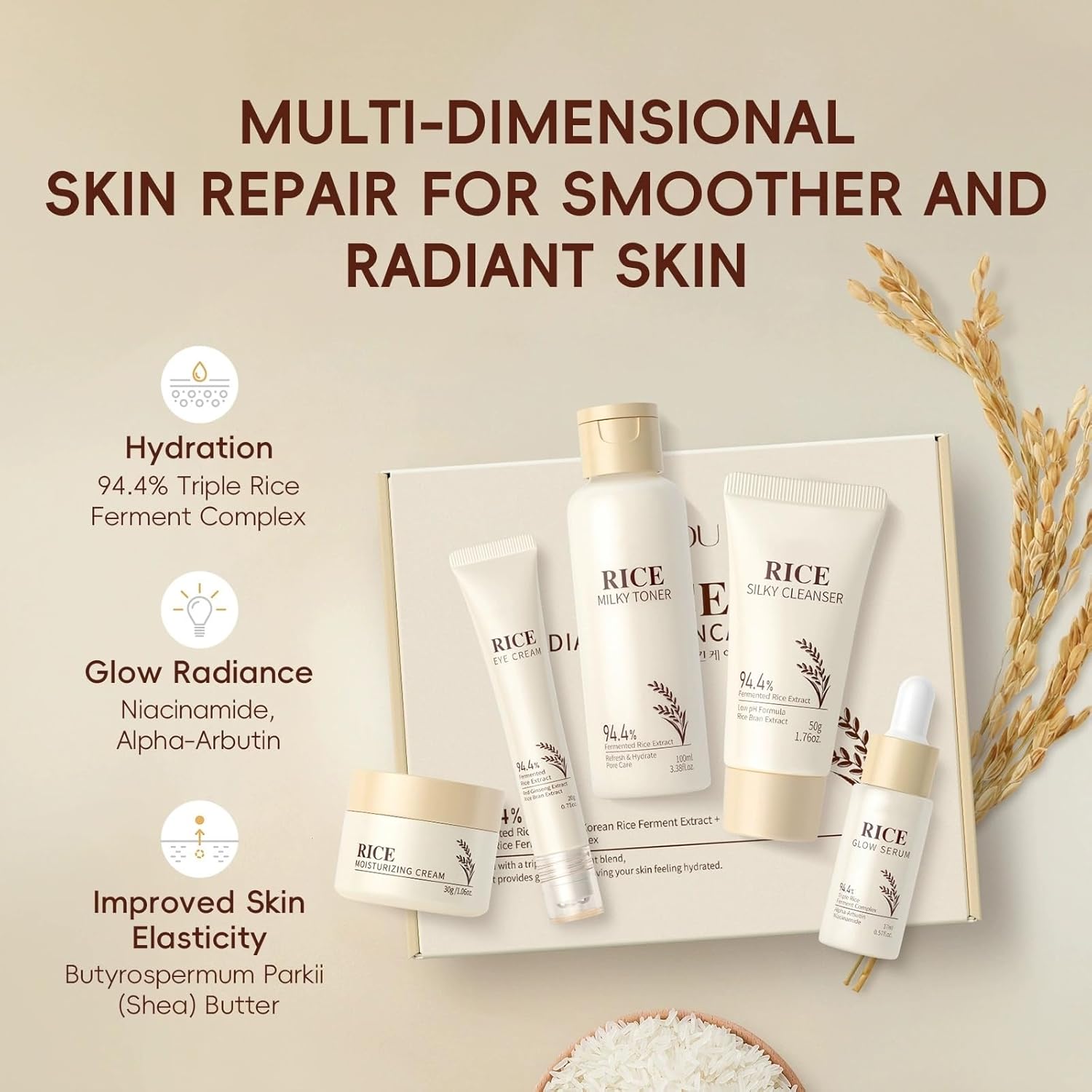 Moisturizing Korean Rice Skin Care Set – Radiance Skincare 5-Step Routine with Rice Cleanser, Toner, Serum, Face Cream, Eye Cream, Hyaluronic Acid & Ceramides for Glowing Skin, All Skin Types - Image 2