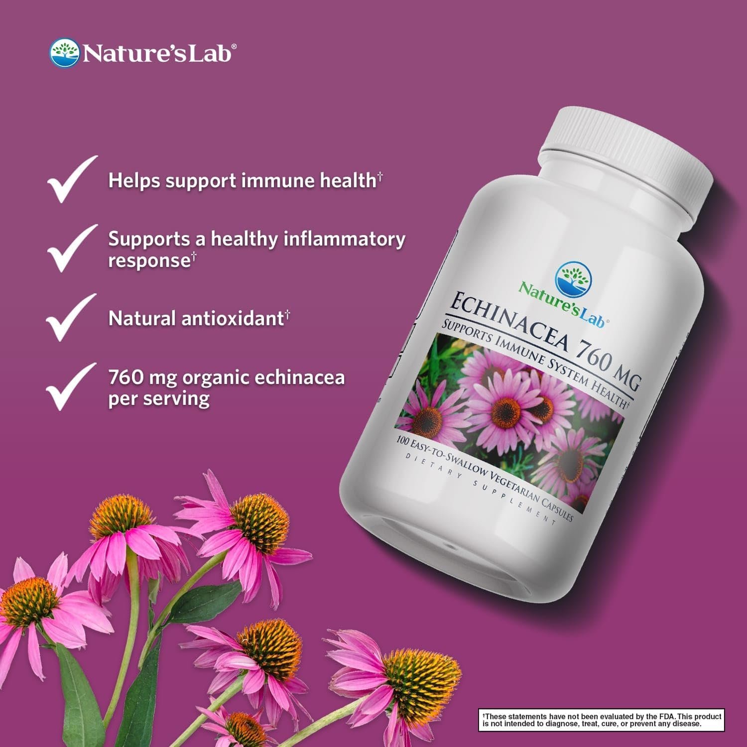 Nature's Lab Echinacea 760mg Dietary Supplement - Powerful All Natural Immune System Support - Non-GMO, Gluten Free - 100 Capsules (50 Day Supply) - Image 2