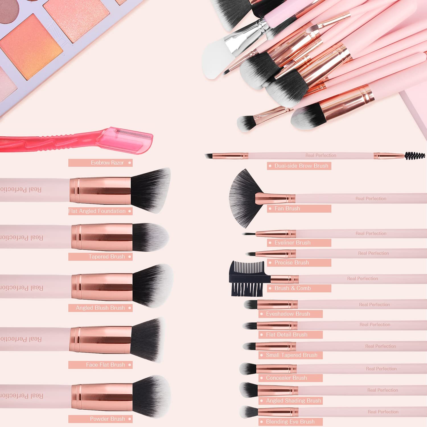 Real Perfection Makeup Brush Set 16 Pcs with 1 Eyebrow Razor Premium Synthetic Foundation Powder Concealers Eyeshadow Blush Makeup Brushes Make up Brushes Kit (Pink) - Image 2