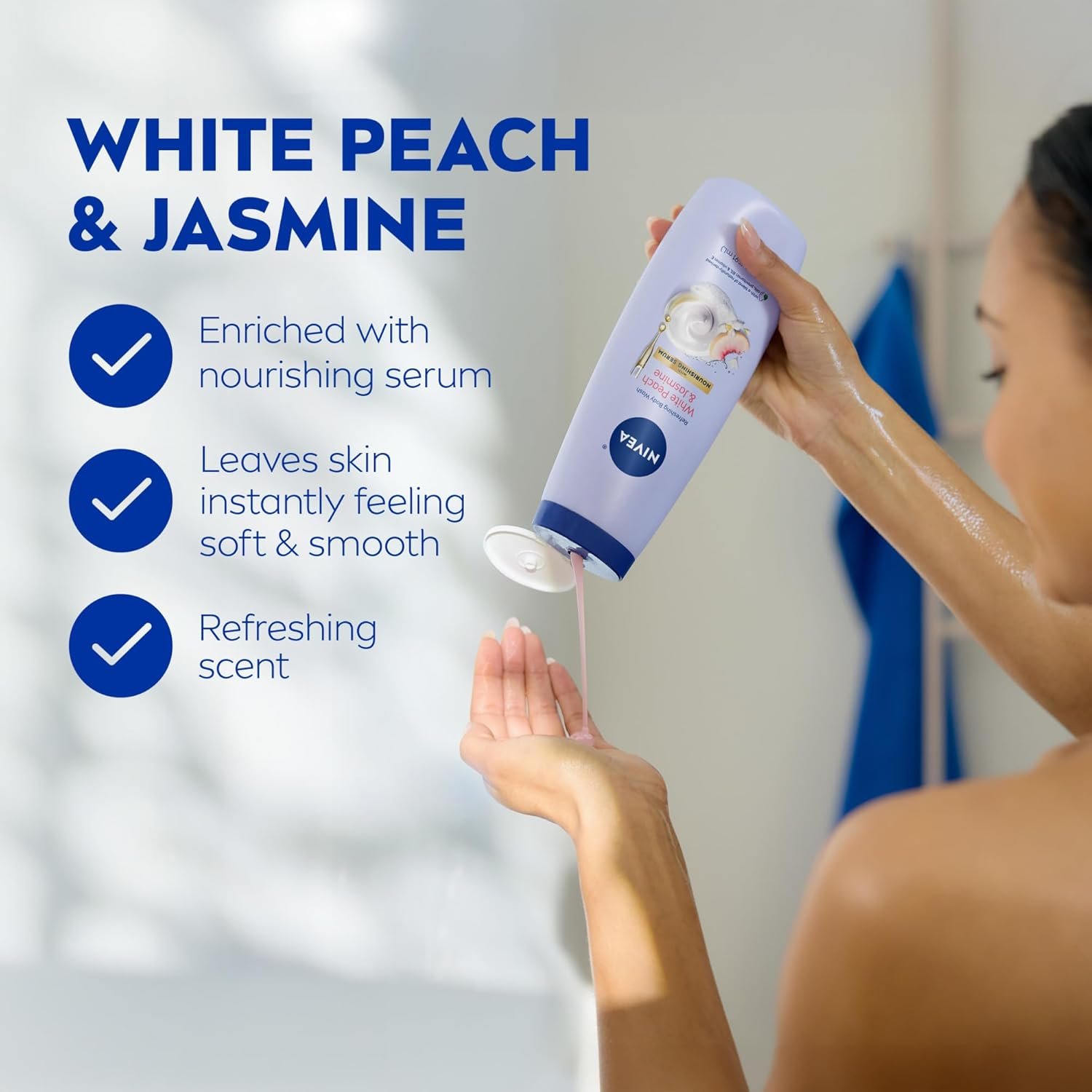 NIVEA Refreshing White Peach and Jasmine Body Wash with Nourishing Serum, Scented Body Wash for Women, Enriched with Provitamin B5 and Vitamin E, 20 Fl Oz Bottle, 3 Pack - Image 2