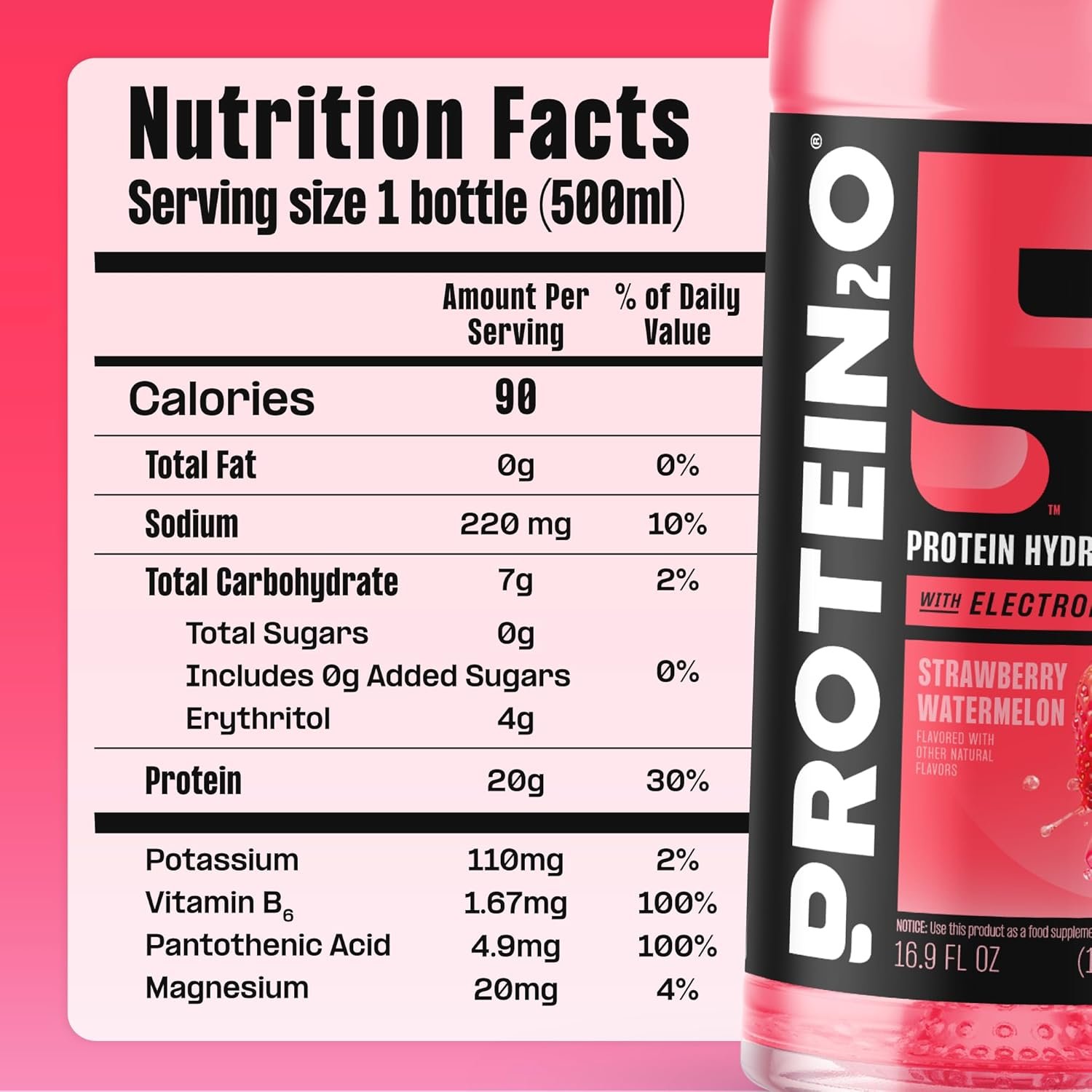Protein2o Hydration Drink - 2-in-1 Liquid Clear Whey Protein Isolate and Electrolyte Drink - 20g Protein, Vitamins B5, B6 - Post-Workout Recovery - 16.9 Fl Oz - 12 Count Strawberry Watermelon - Image 6