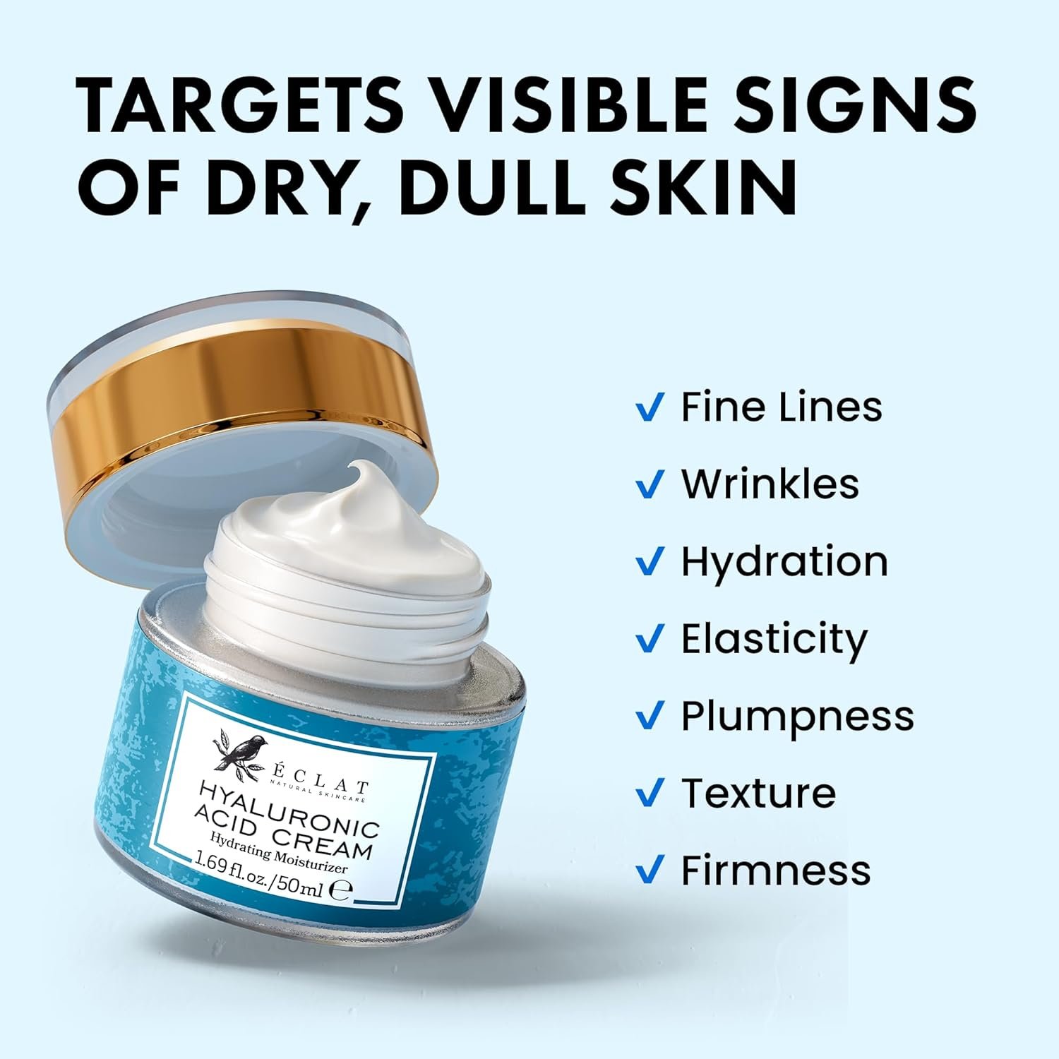 Eclat Skincare Hyaluronic Acid Cream – Hydrating Moisturizer with Ceramides & Vitamin B5 - Hyaluronic Acid Moisturizer for Soothing Dull & Dry Skin - Anti Aging Face Cream for Women and Men 50 ml - Image 3