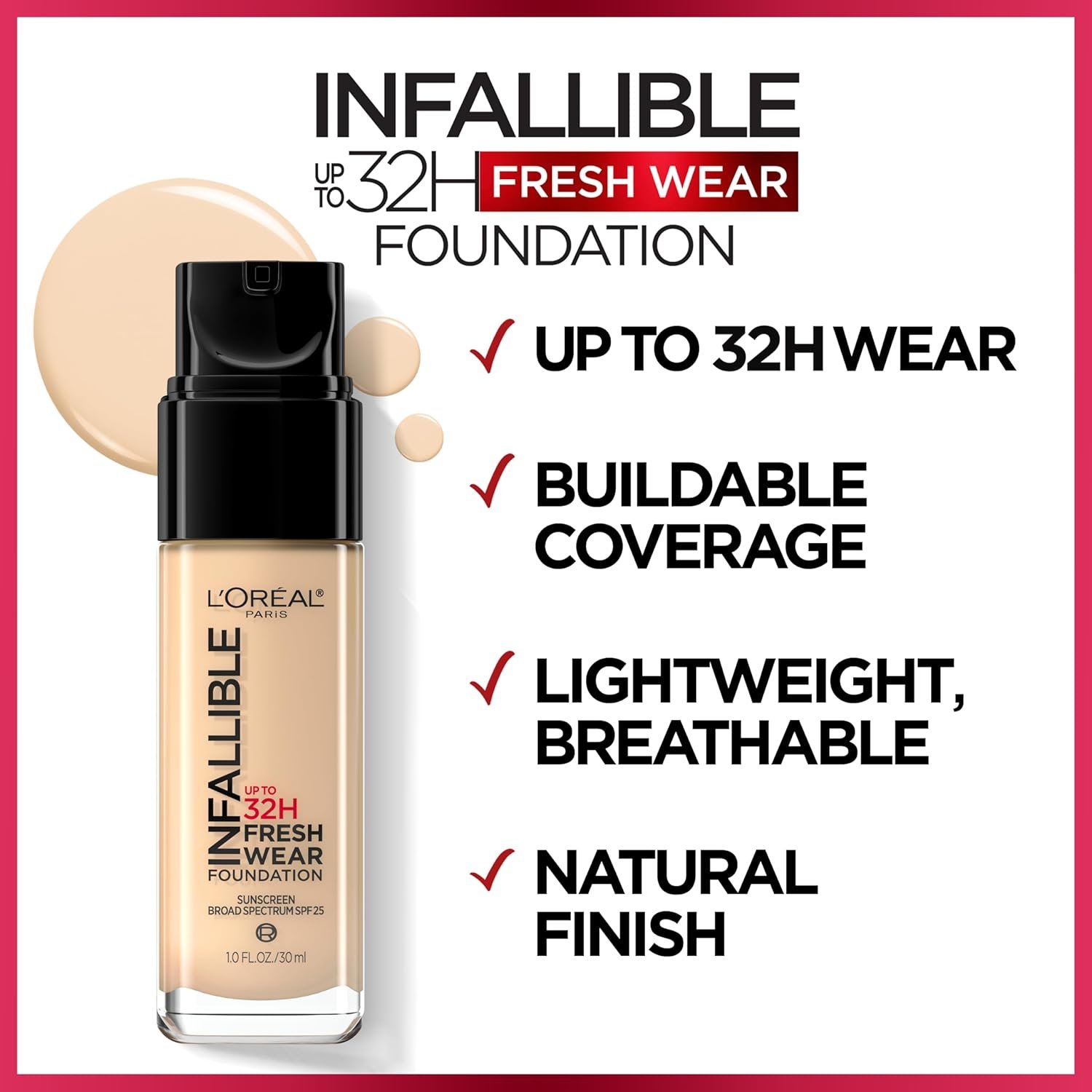 L'Oreal Paris Makeup Infallible Up to 32 Hour Fresh Wear Lightweight Foundation, 390 Rose Pearl, 1 Fl Oz, Packaging May Vary - Image 3