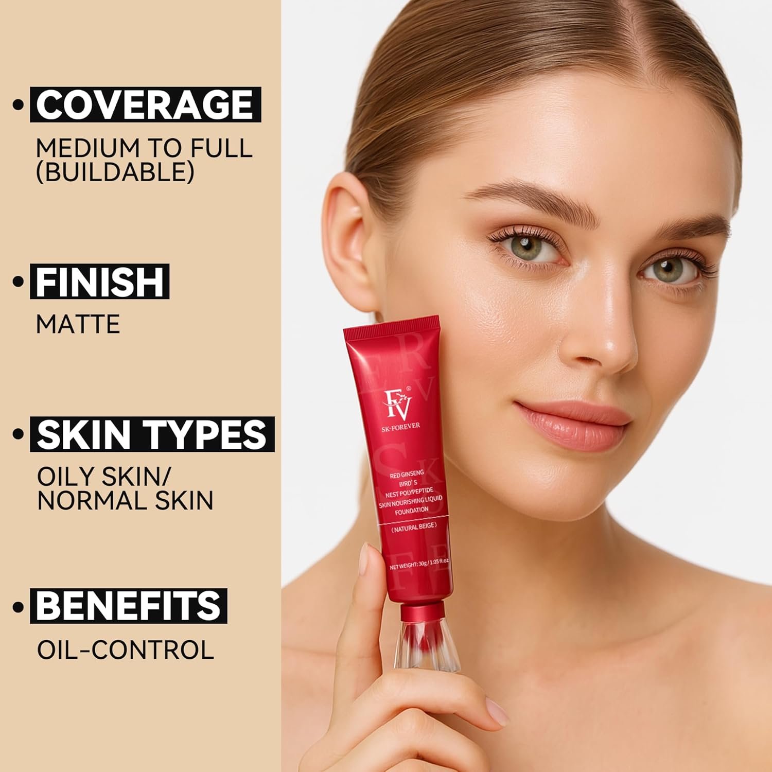 FV Matte Waterproof Foundation-Longwear Transfer-Proof, with Medium to Full Coverage, Oil-control & Lightweight, Liquid Foundation Makeup for Normal/Oily Skin, 30g, Natural Beige - Image 6