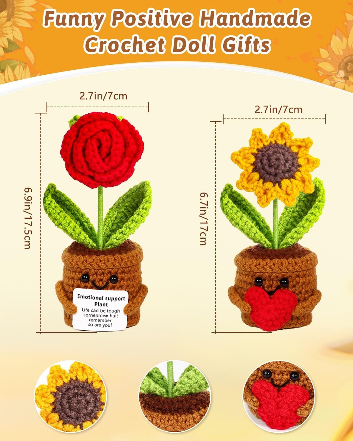 2pcs Knitted Flowers Sunflower Gifts for Women Handmade Knitted Planters with Card Gifts Birthday Gifts for Women Mom Family Friend Teacher Coworker Xmas Party (2pcs)