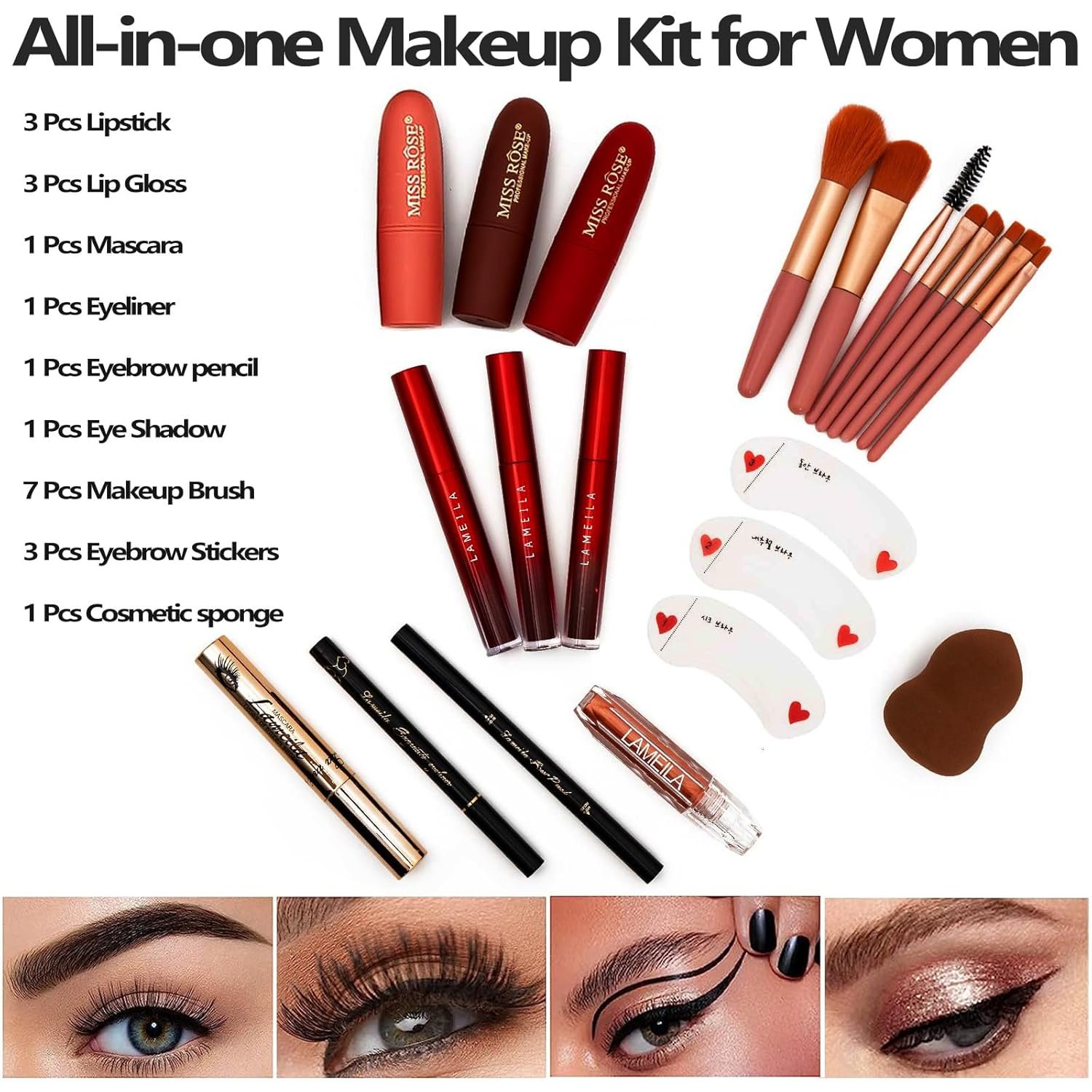 MISS ROSE M 187 Colors Professional Makeup Palette - All-in-One Kit With Eye Shadows, Lipsticks, Mascara, Foundations, Blushes, Brow Pencils, Nail File - Makeup Gift Set for Women and Girls - Image 3