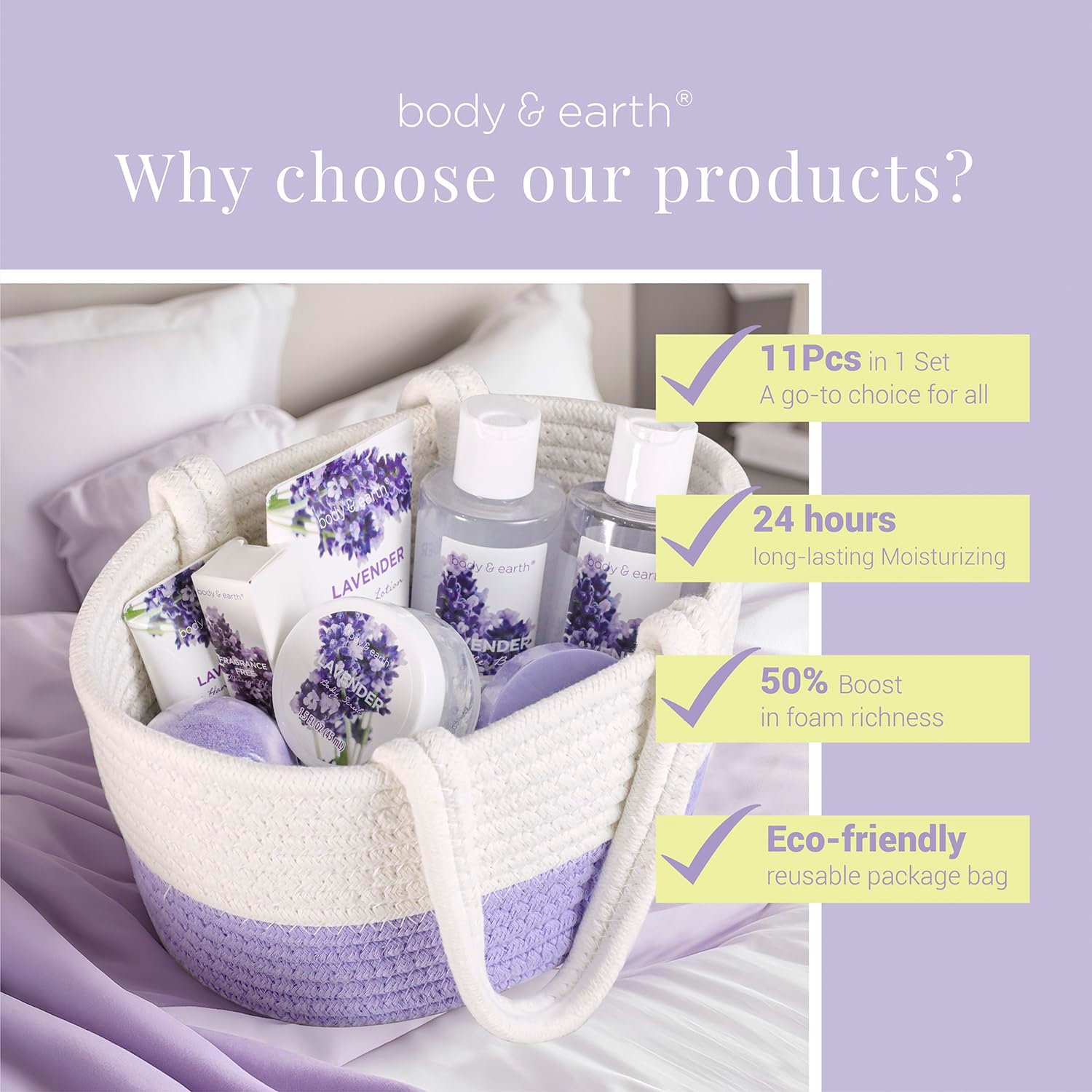 BODY & EARTH Spa Gift Baskets for Women 11pcs Lavender Gift Sets with Bubble Bath, Shower Gel, Body Lotion, Mom Birthday Gifts, Spa Kit, Purple Gift for Her, Mothers Day Gifts for Mom - Image 2