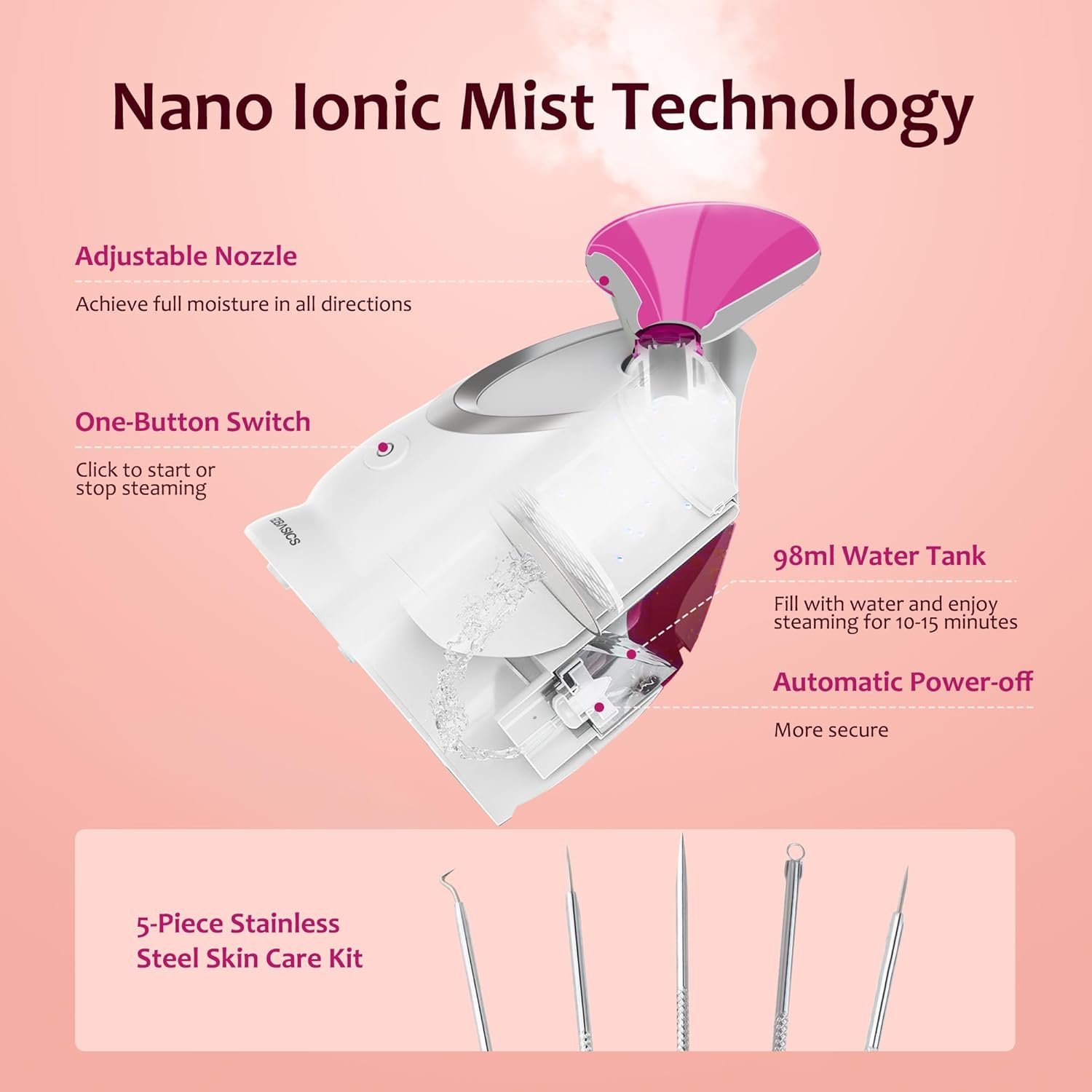 EZBASICS Facial Steamer - Professional Nano Ionic Face Steamer for Facial Deep Cleaning, Warm Mist Humidifier for Home Spa, Unclogs Pores Sinus, Bonus 5 Piece Stainless Steel Skin Kit (Pink) - Image 2