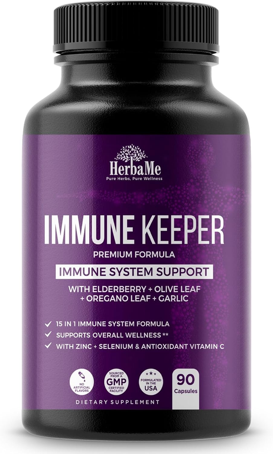 HerbaMe Immune Support Supplement, 15 in 1 Daily Wellness Formula with Elderberry, Quercetin, Zinc, Vitamin C & Selenium, Olive Leaf & Garlic for Men & Women, 90 Capsules