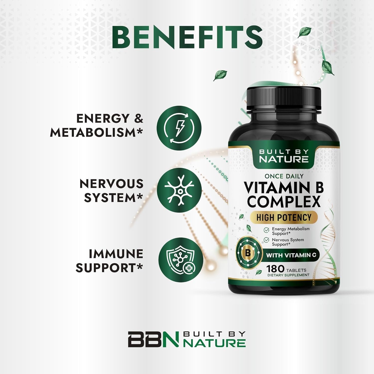 Built by Nature Vitamin B Complex – Super B Complex Vitamins for Women & Men – Energy, Stress & Immune Support – High Potency B Vitamins Complex with B12 – 180 Tablets - Image 2