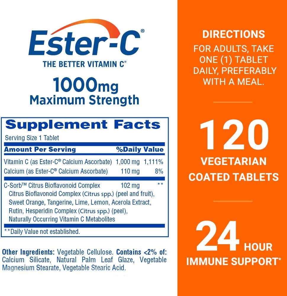 Ester-C Vitamin C 1000 mg Coated Tablets, Immune System Booster, Stomach-Friendly Supplement, 120 Count - Image 2