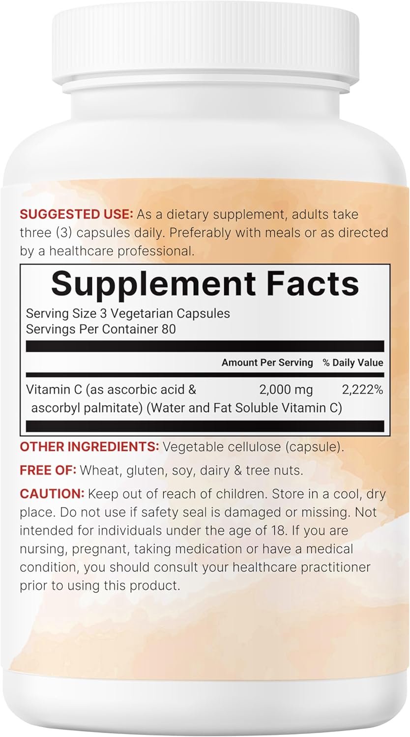 Pure Vitamin C 2,000mg, 240 Veggie Capsules | Highly Bioavailable Fat & Water Soluble Forms | Max Potency | Antioxidant & Immune Support Supplement | Easily Absorbed, Non-GMO, Filler Free - Image 7