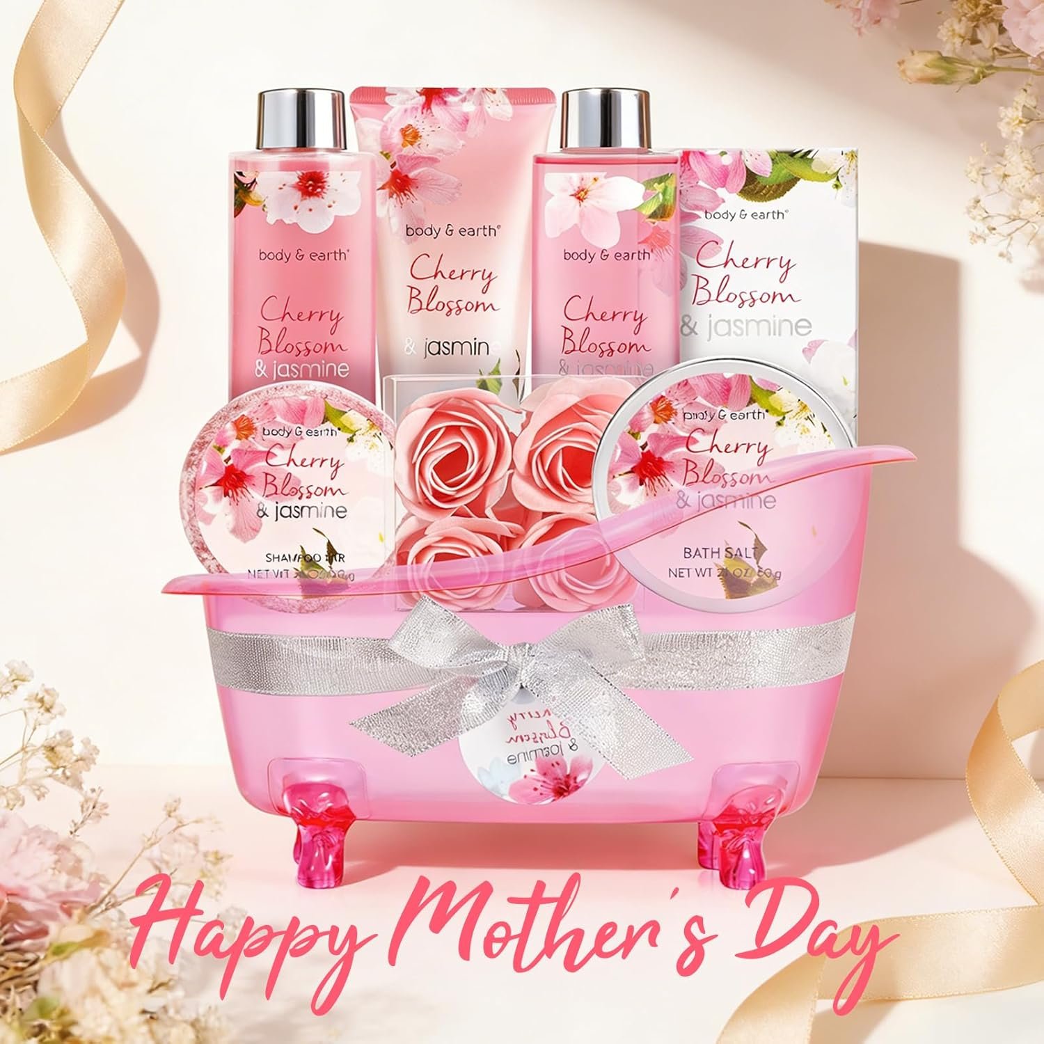 Body & Earth Spa Gifts for Women Self Care Kit - 8pcs Cherry Blossom & Jasmine Bath Sets for Women, Birthday, Mother's Day Gift Baskets for Mother, Wife, Girlfriends - Image 9