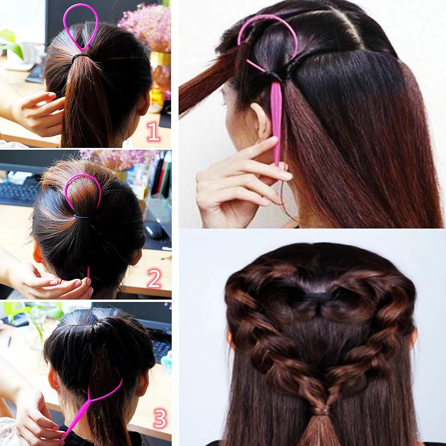 Aigee 6pcs Topsy Tail and Hair Loop Styling Tool Set - Ponytail Makers, French Braid Loops in Large and Small, Hair Pull Through Tools (Pink, Blue, Purple) for Women and Girls - Image 7