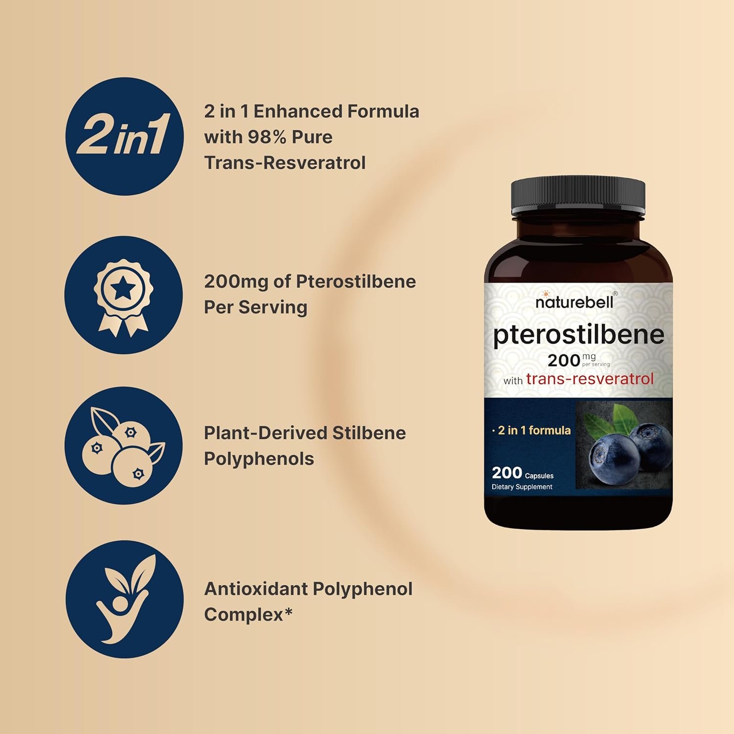 NatureBell Pterostilbene 200 mg Per Serving with Trans-Resveratrol – 200 Capsules – 2-in-1 Antioxidant Polyphenol Formula* – Non-GMO - Image 3