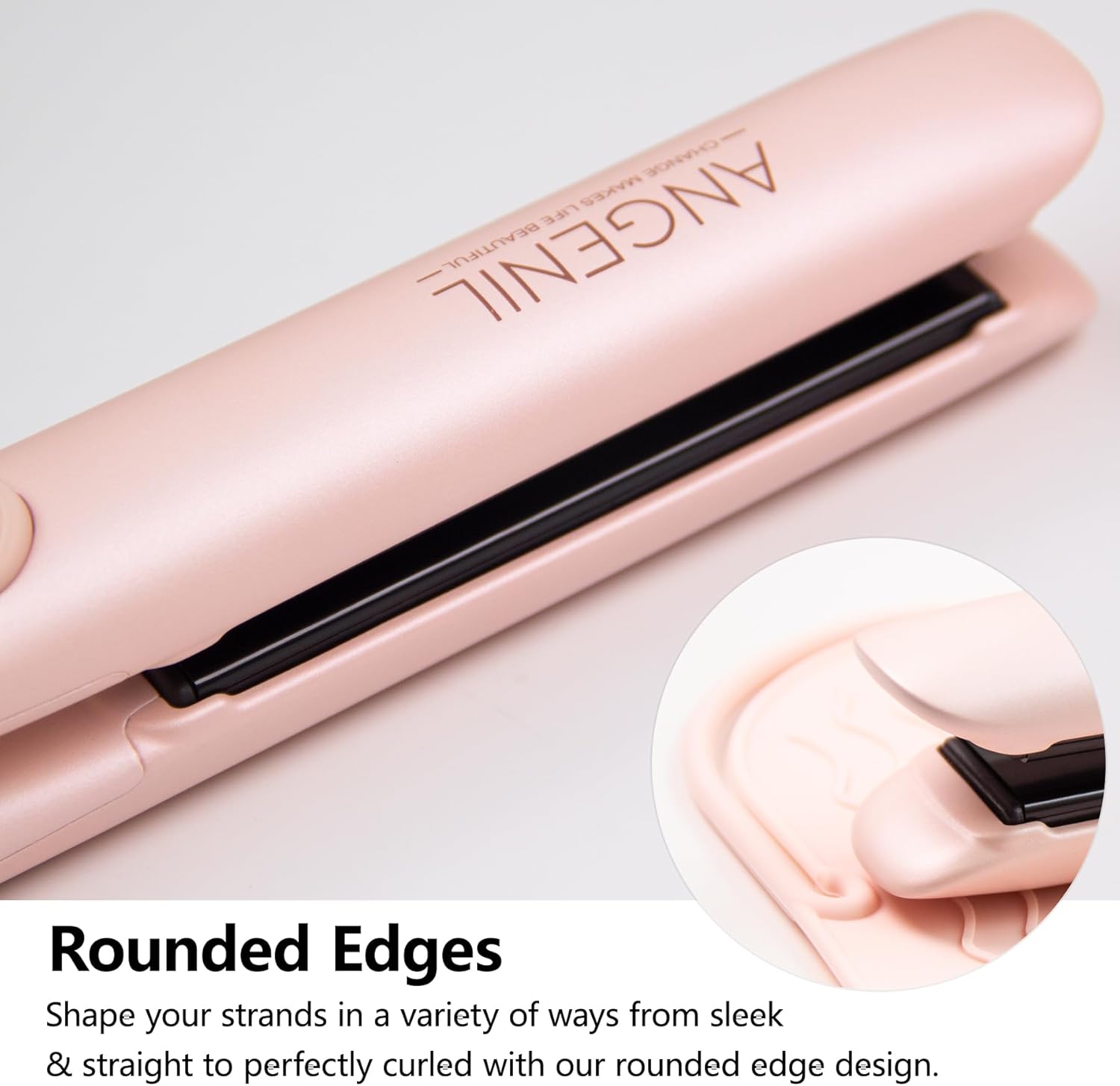 ANGENIL Pro Titanium Flat Iron Hair Straightener and Curler 2 in 1 with Heat Resistant Silicone Mat, Round Pink Dual Voltage Hair Straightener Irons, Smoothness, Large LCD Display, 20s Fast Heating - Image 3