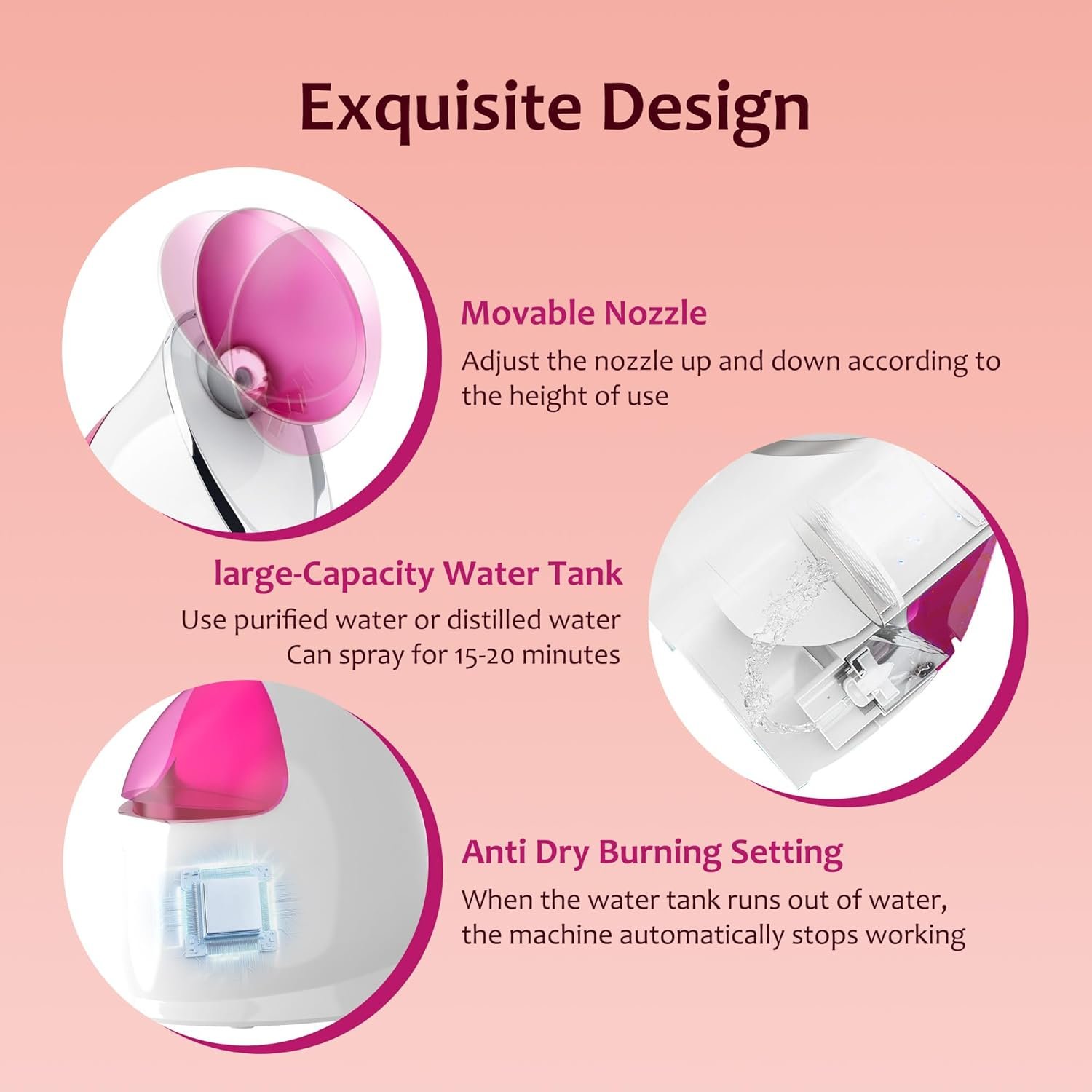 EZBASICS Facial Steamer - Professional Nano Ionic Face Steamer for Facial Deep Cleaning, Warm Mist Humidifier for Home Spa, Unclogs Pores Sinus, Bonus 5 Piece Stainless Steel Skin Kit (Pink) - Image 7