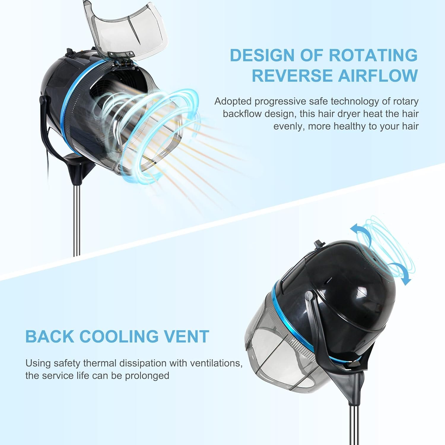 Nova Microdermabrasion Professional Hooded Floor Hair Dryer Adjustable Bonnet Hair Dryer Stand Up with Timer and Rolling Wheels for Beauty Spa Home Salon Equipment - Image 6