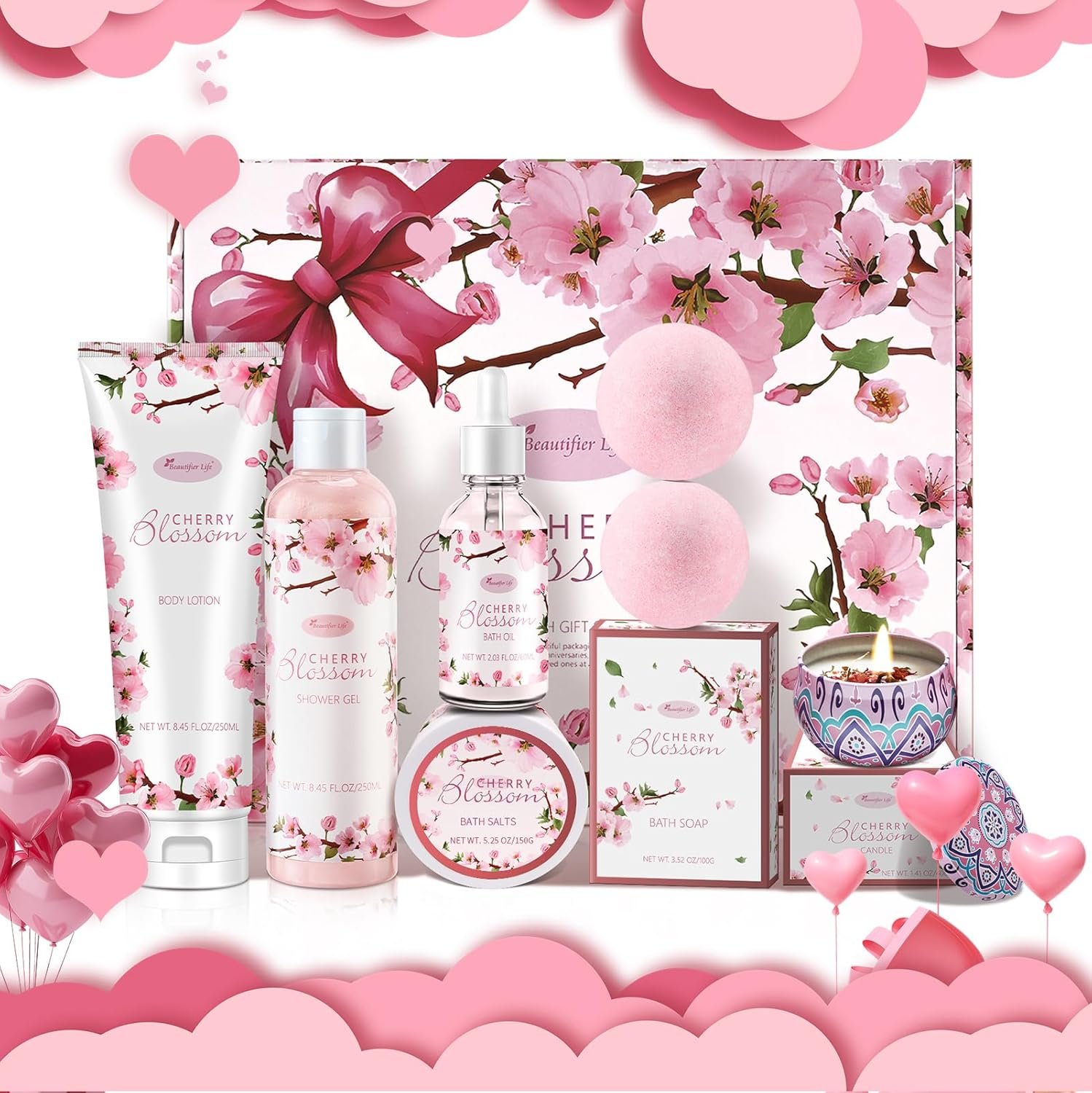 Beautifier Life Bath and Body Gift Set for Women - Luxurious Home Spa Gift Set,Japanese Cherry Blossom 7-Piece Set Including Shower Gel,Body Lotion,Bath Oil,Bath Salt,Soap,Bath Bombs and Candle - Image 2