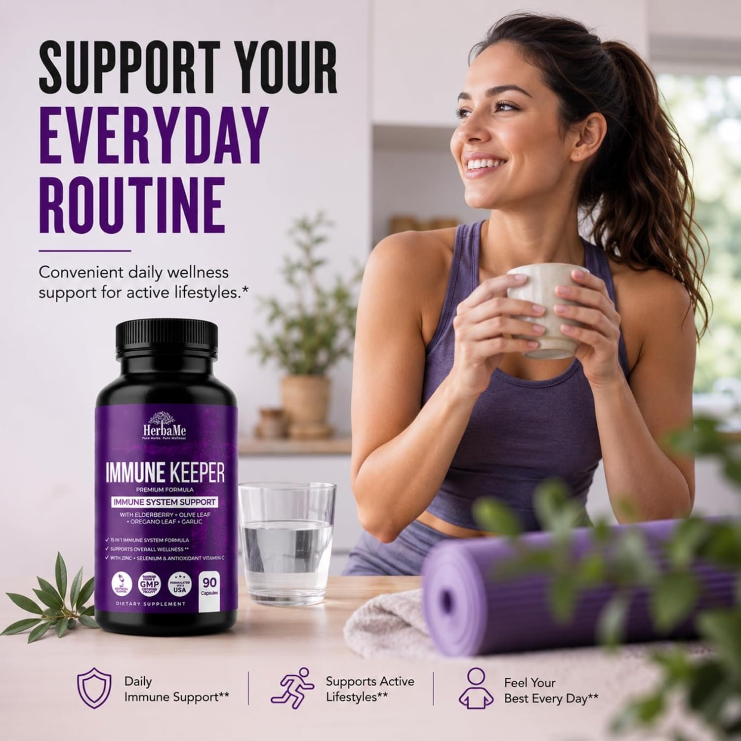 HerbaMe Immune Support Supplement, 15 in 1 Daily Wellness Formula with Elderberry, Quercetin, Zinc, Vitamin C & Selenium, Olive Leaf & Garlic for Men & Women, 90 Capsules - Image 9