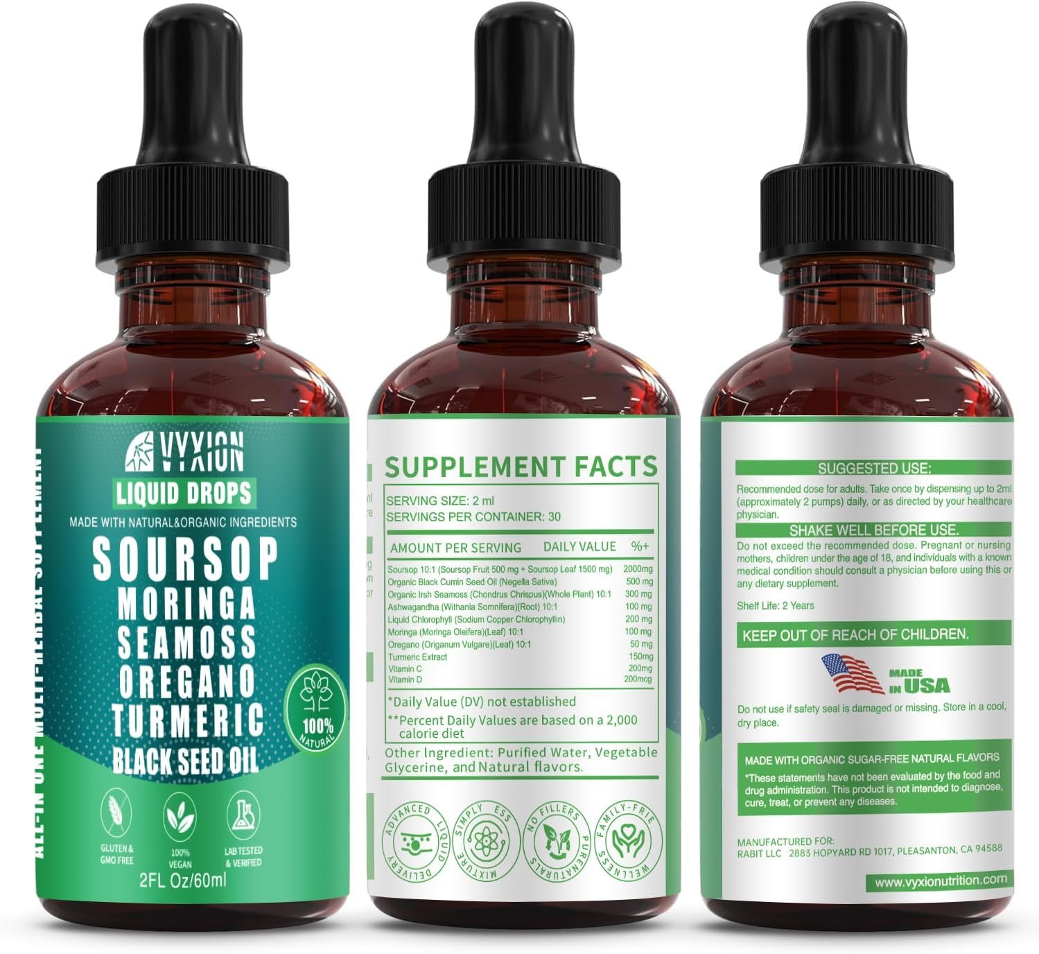 Soursop Bitters Liquid Drops 10 in 1 with Sea Moss, Moringa, Turmeric, Black Seed Oil, Oregano, Ashwagandha | Herbal Extracts for Overall Health-Enhancing | Vegan, Non-GMO | 2 Fl Oz - Image 2
