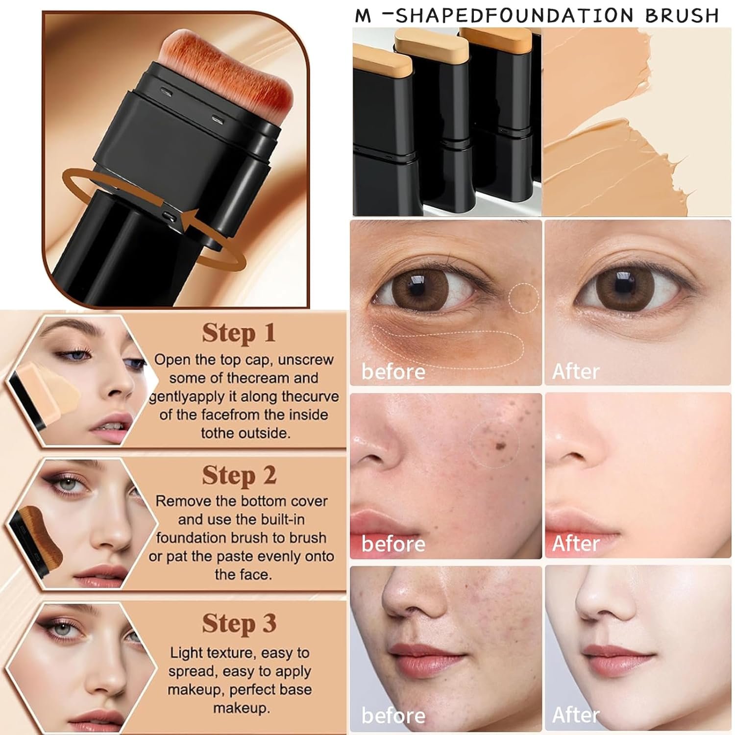 Foundation Stick,2 in 1 Dual-Ended Long-Lasting & Waterproof Concealer Korean Foundation Contour Sticks,Contouring Foundation with Brush,Full Coverage Matte Finish for Face Makeup(02NATURAL) - Image 4