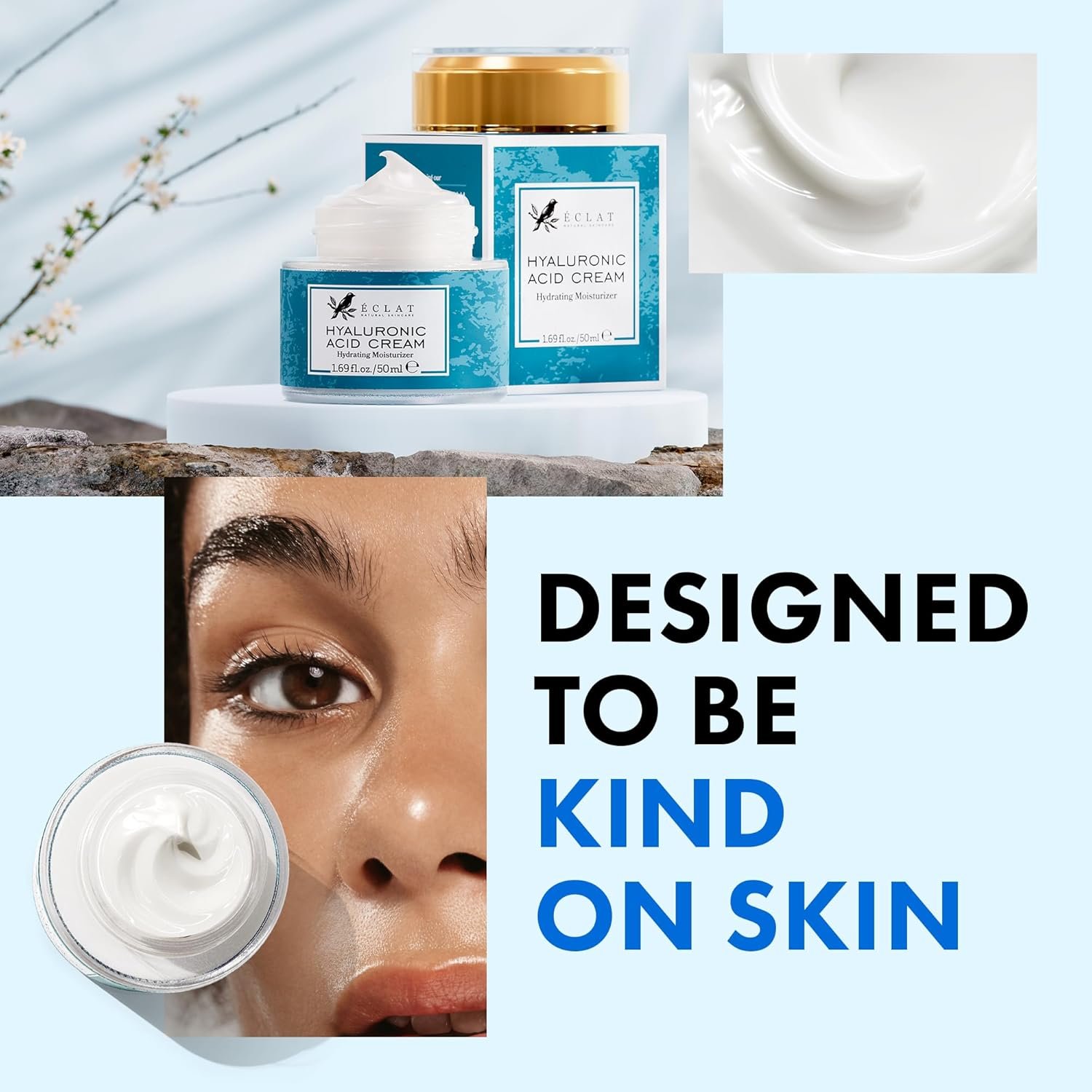 Eclat Skincare Hyaluronic Acid Cream – Hydrating Moisturizer with Ceramides & Vitamin B5 - Hyaluronic Acid Moisturizer for Soothing Dull & Dry Skin - Anti Aging Face Cream for Women and Men 50 ml - Image 6