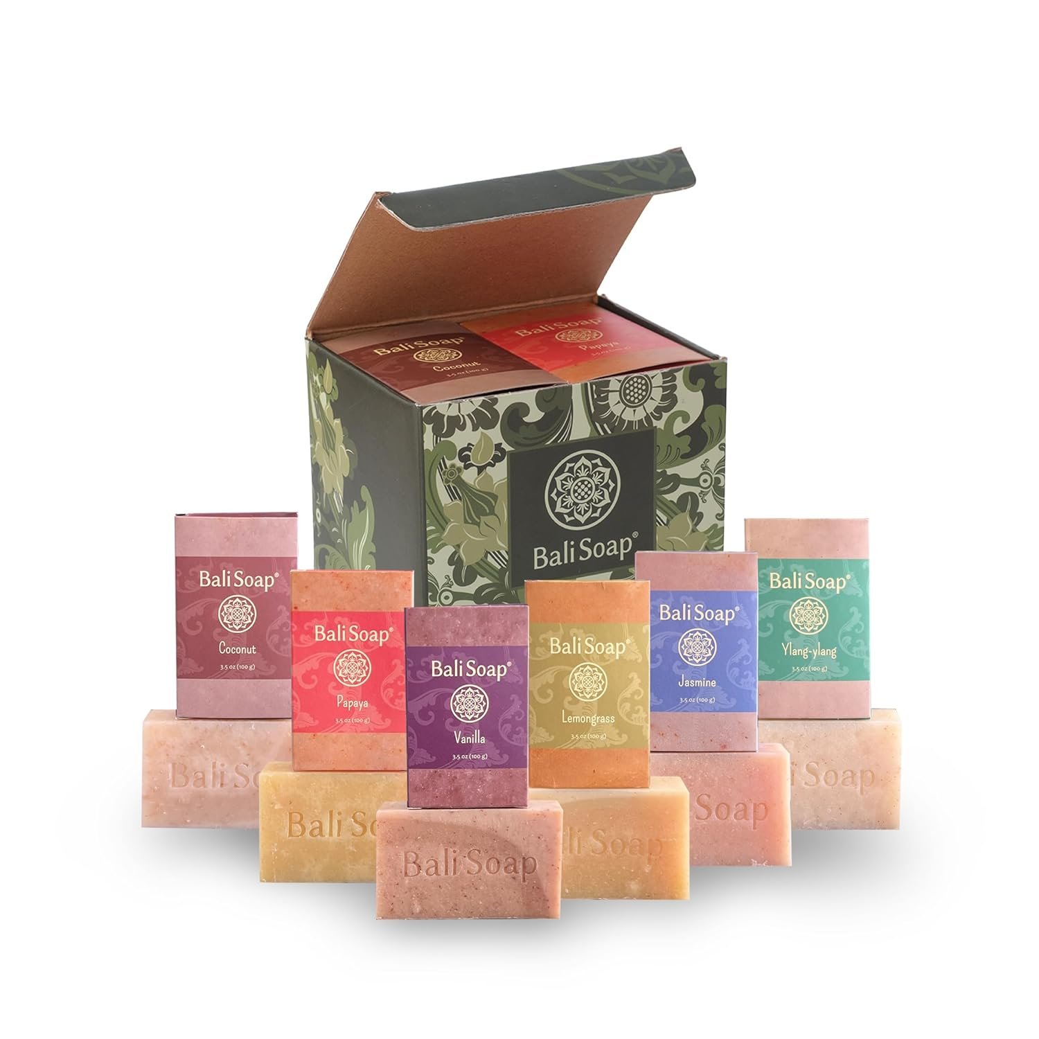 Bali Soap Natural Soap Gift Set - Handmade, Cold Process, Aromatherapy Spa Bar Soap for Face & Body (Coconut, Papaya, Vanilla, Lemongrass, Jasmine, Ylang Ylang), 6 Pack (3.5 oz Each)