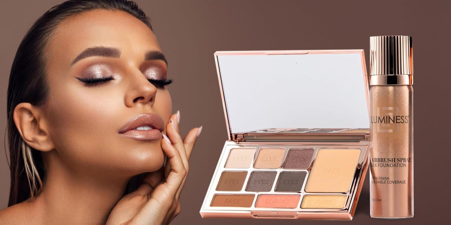 LUMINESS Face Time All In One Makeup Kit - Includes Face Palette, Airbrush Foundation, and Makeup Brush - Long-Wearing, Silky, Soft, Easy to Blend, 3-PC Make Up Set (03 - Light Medium) - Image 7