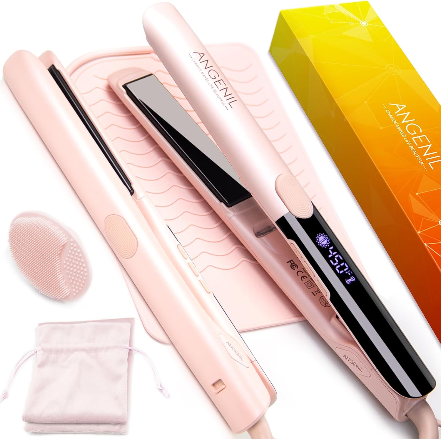 ANGENIL Pro Titanium Flat Iron Hair Straightener and Curler 2 in 1 with Heat Resistant Silicone Mat, Round Pink Dual Voltage Hair Straightener Irons, Smoothness, Large LCD Display, 20s Fast Heating
