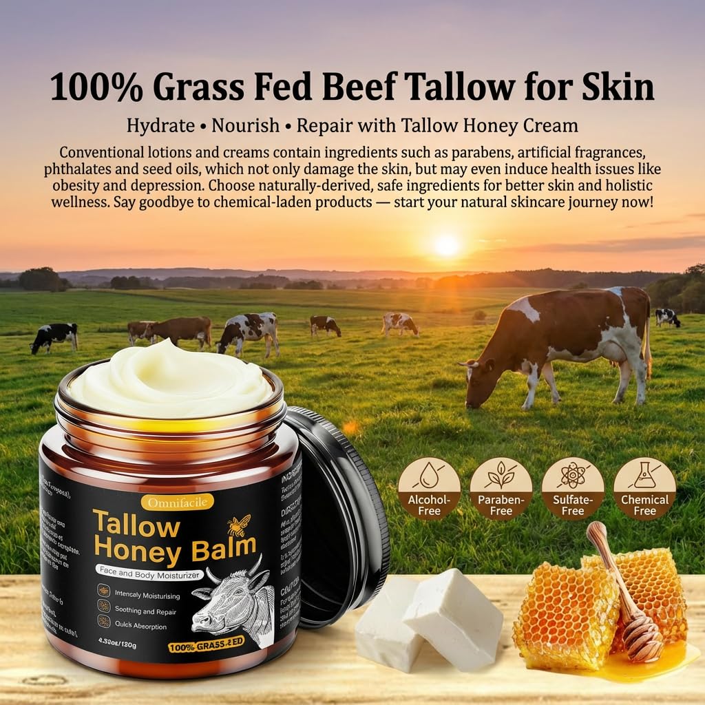 Beef Tallow for Skin,Face,Body - Handmade Whipped Tallow Face Moisturizer& Tallow Balm with 100% Grass-Fed Beef Tallow & Raw Honey,Narural Organic Tallow and honey balm for Men&Women,Unscented,4.23OZ - Image 4