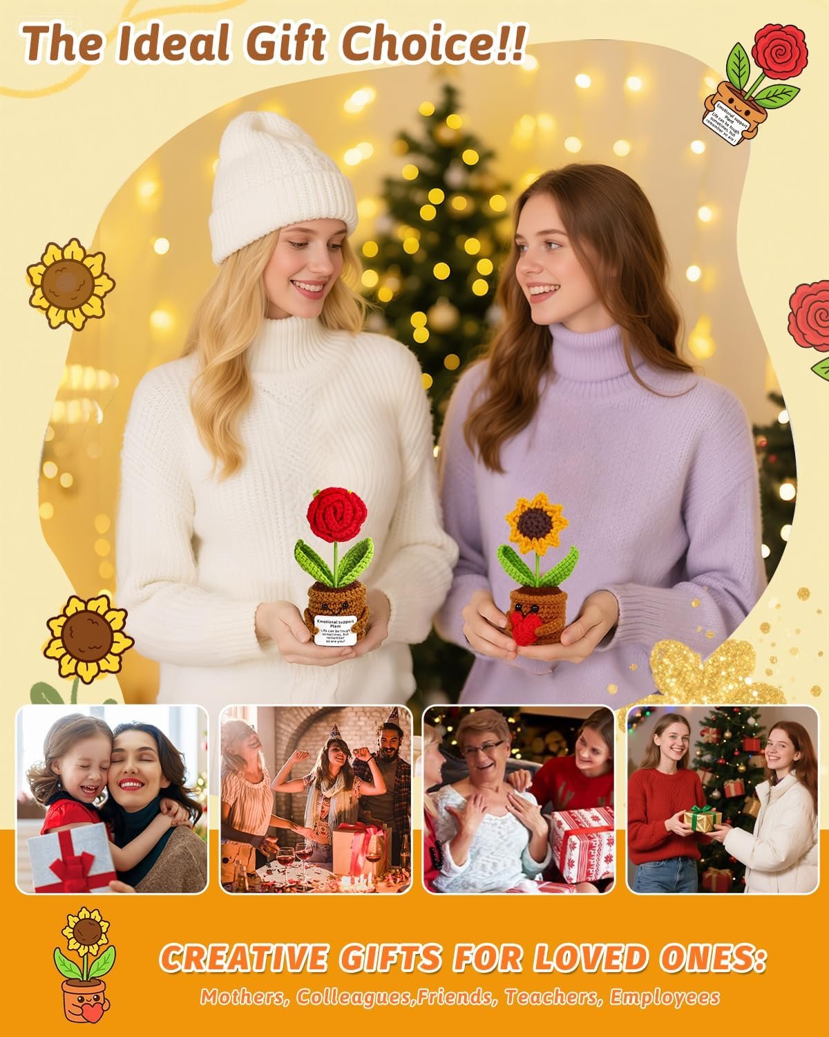 2pcs Knitted Flowers Sunflower Gifts for Women Handmade Knitted Planters with Card Gifts Birthday Gifts for Women Mom Family Friend Teacher Coworker Xmas Party (2pcs) - Image 4