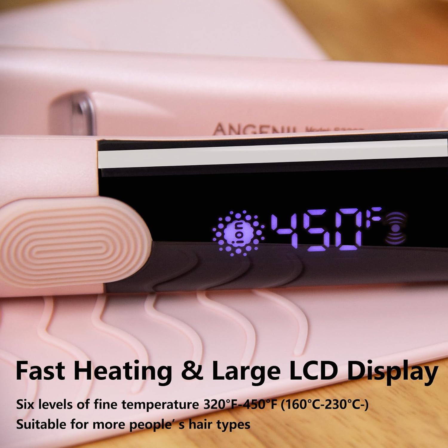 ANGENIL Pro Titanium Flat Iron Hair Straightener and Curler 2 in 1 with Heat Resistant Silicone Mat, Round Pink Dual Voltage Hair Straightener Irons, Smoothness, Large LCD Display, 20s Fast Heating - Image 5