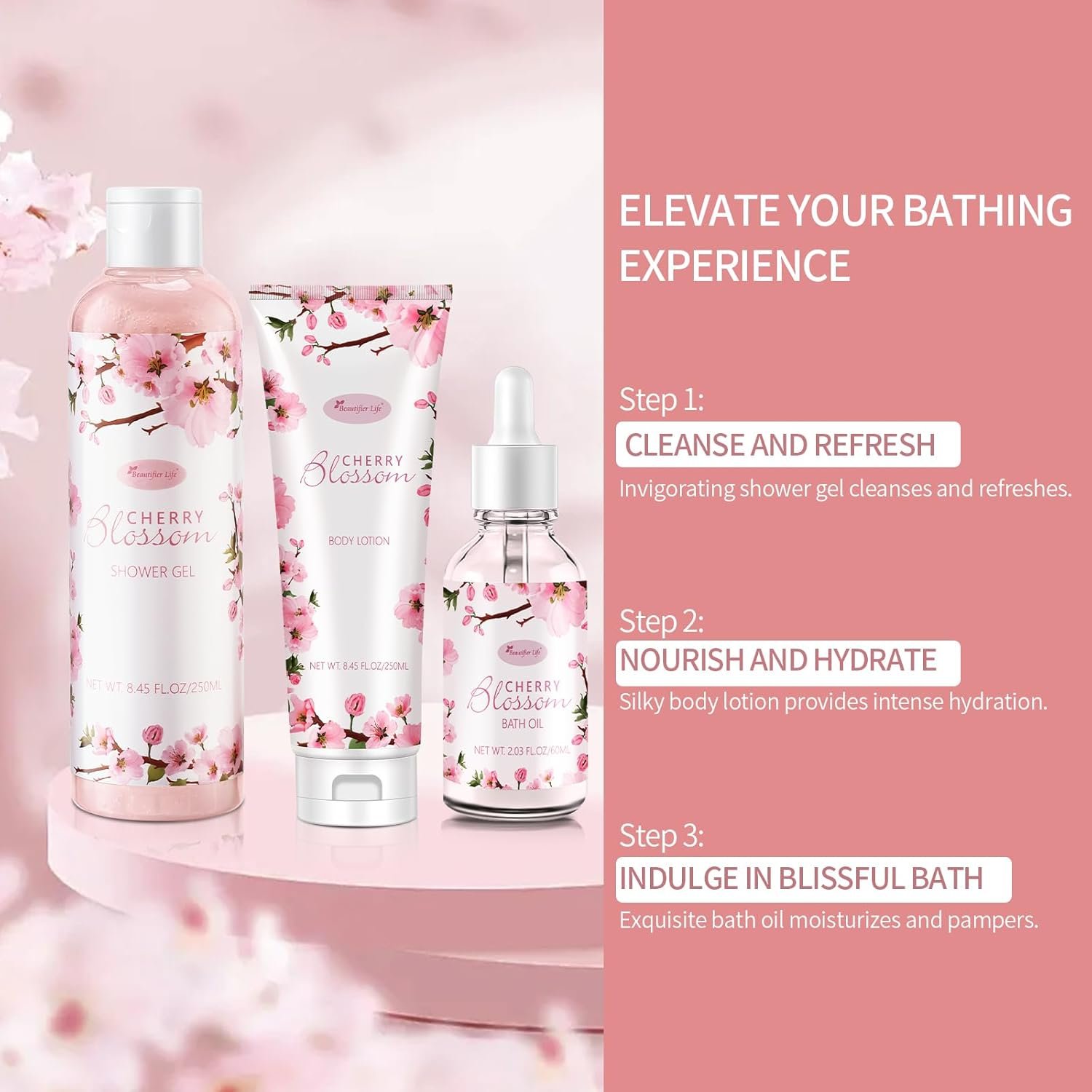 Beautifier Life Bath and Body Gift Set for Women - Luxurious Home Spa Gift Set,Japanese Cherry Blossom 7-Piece Set Including Shower Gel,Body Lotion,Bath Oil,Bath Salt,Soap,Bath Bombs and Candle - Image 5