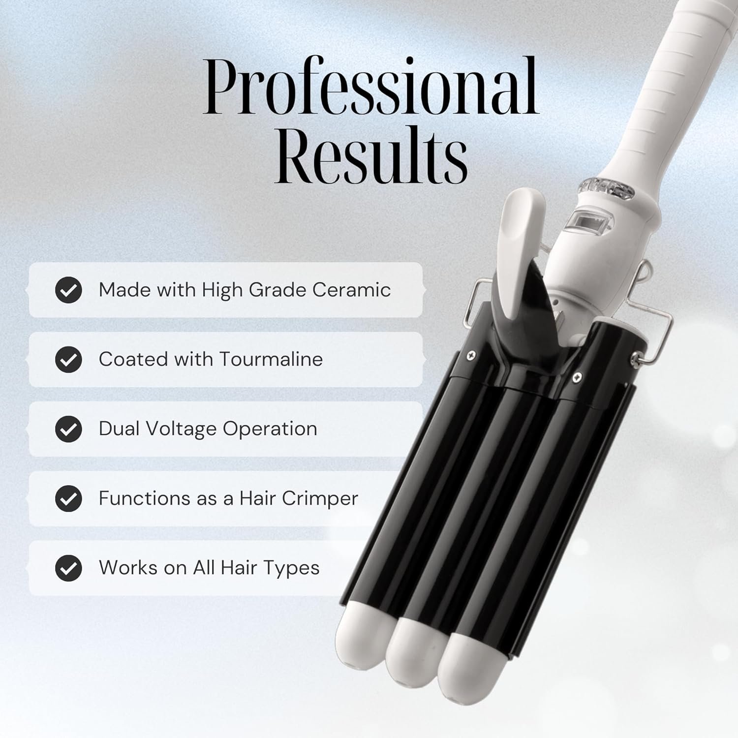 Alure Three Barrel Curling Iron Wand Hair Waver with LCD Temperature Display - 1 Inch Ceramic Tourmaline Triple Barrels, Dual Voltage Crimp (Black/White) - Image 3