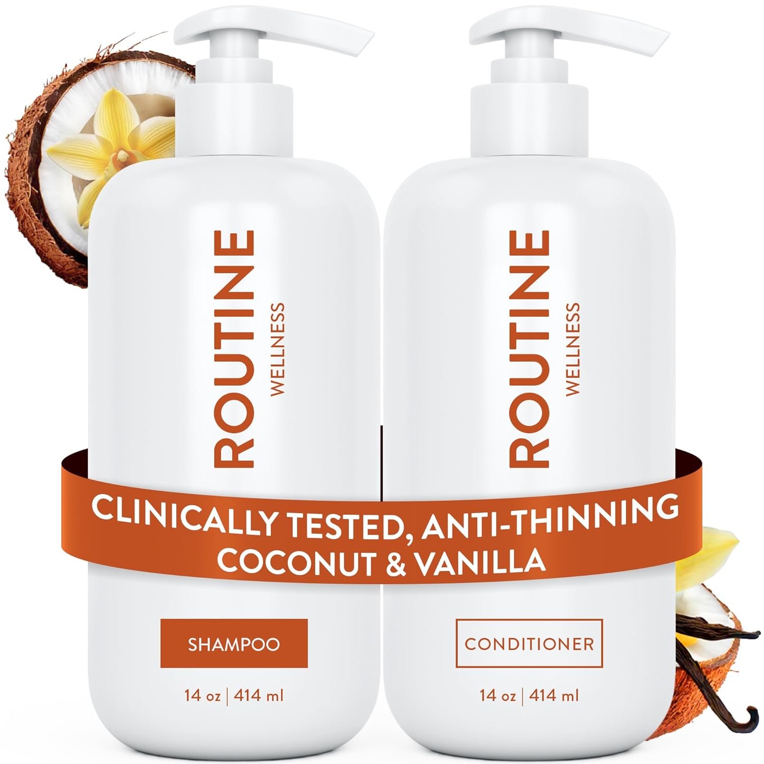 Routine Wellness Anti-Thinning Shampoo and Conditioner Set for Thinning Hair - Biotin DHT Blocker Women & Men - Color Safe Shampoo for Hair Loss & Healthier Hair - Coconut & Vanilla Set