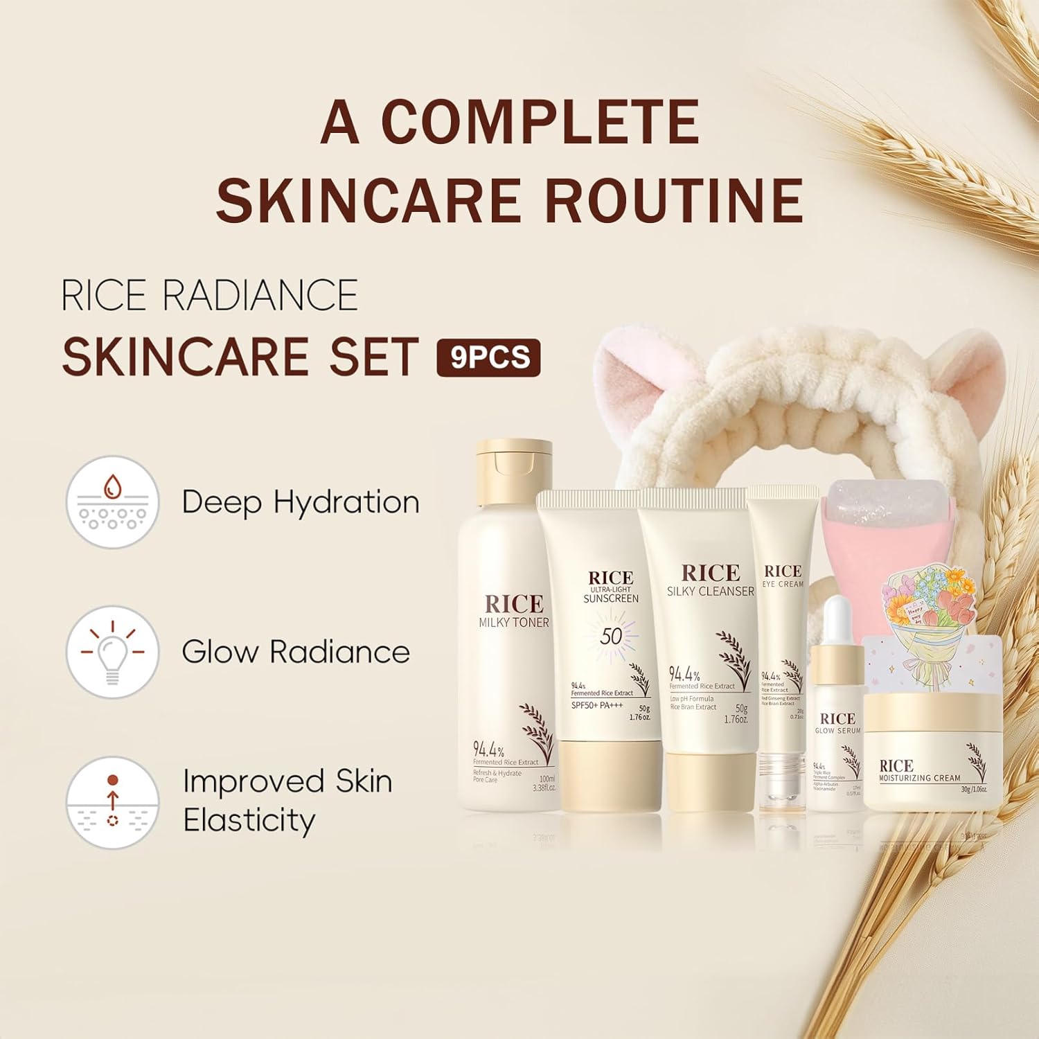 Rice Skincare Set for Women & Girls – Korean Skin Care Set with Rice Cleanser, Toner, Serum, Face Cream, Eye Cream, Sunscreen, Ice Roller, Headband & Card – Moisturizing & Skin Barrier Support (9PCS) - Image 2