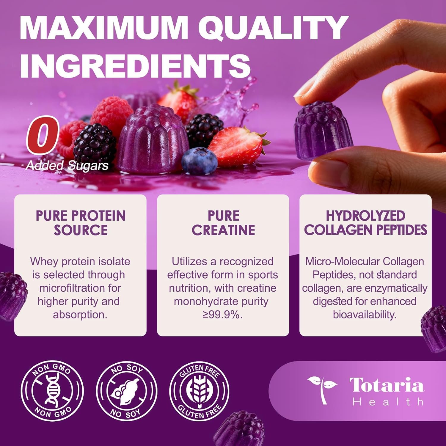 3 in 1 Whey Protein Gummies | Creatine Monohydrate | Collagen, 0 Sugar, Pure Protein Source, Muscle & Energy Support, Berry Flavor, for Women and Men - Image 6