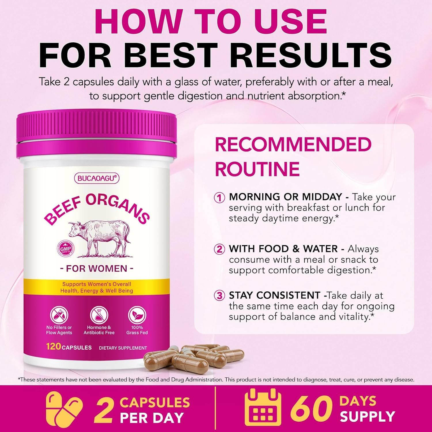 Beef Organ Supplement for Women - Grass-Fed Beef Liver, Kidney, Heart, Uterus, Ovary - Supports Female Energy & Hormone Balance - Pasture Raised in New Zealand - Iron, B12 & CoQ10 - 120 Capsules - Image 6