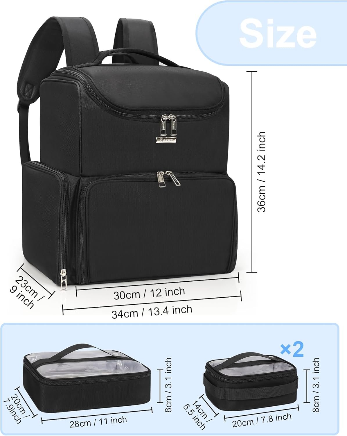 Relavel Makeup Backpack Large Makeup Bag with 3 Clear Set Bags, Dual Layer Professional Cosmetic Organizer Travel Train Case Makeup Artist Kit with Adjustable Dividers & Easy to Clean Lining, Black - Image 6