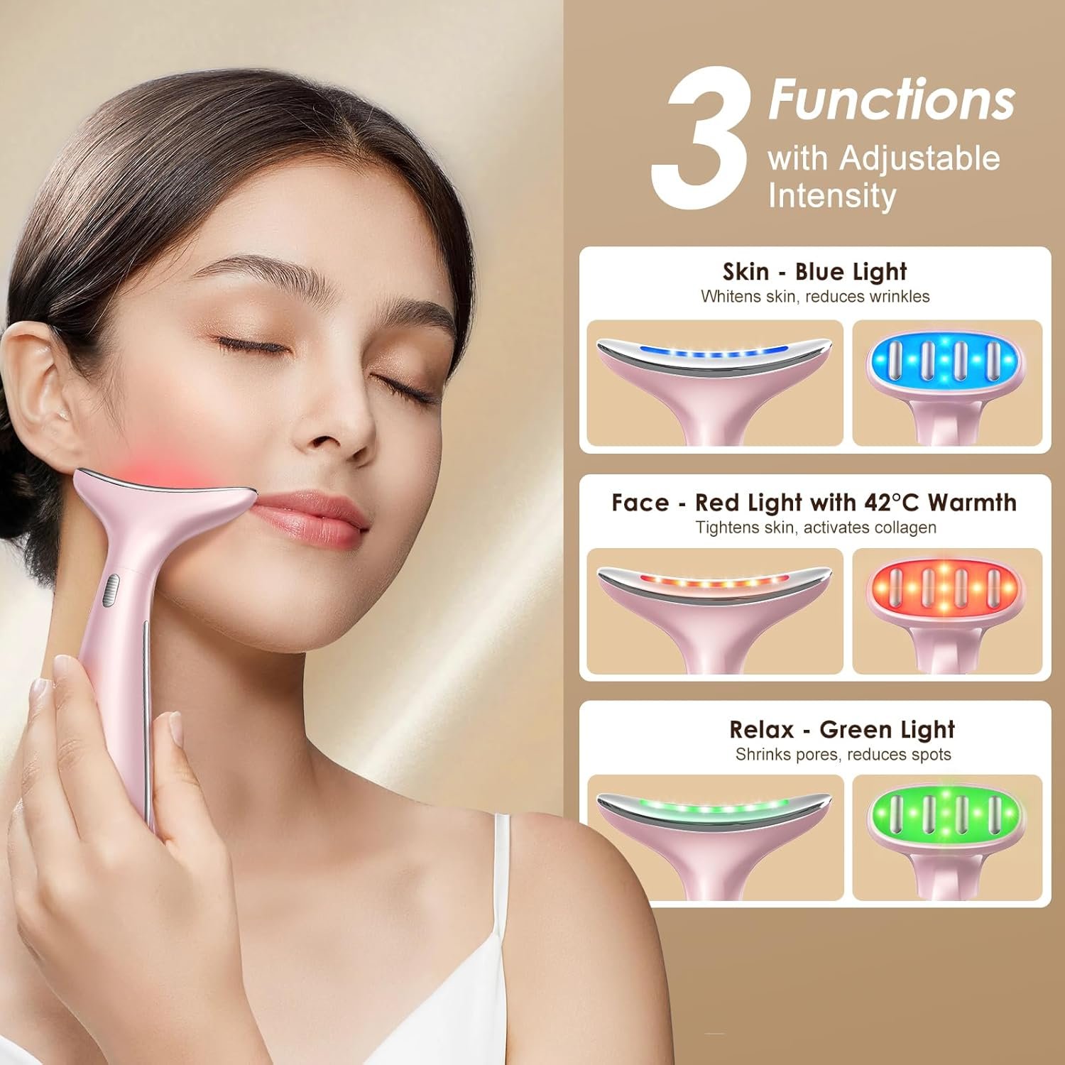 4-in-1 Multi-Area Beauty Care Device with Interchangeable Heads and Three Light Modes, Rechargeable Neck & Face Care Tool (Pastel Pink) - Image 2