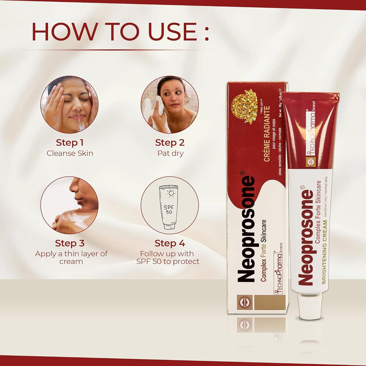 Neoprosone, Skin Brightening Cream | 1.7 Fl oz / 50 ml | Fade Dark Spots on: Face, Elbows, Knees, Body | with Alpha Arbutin, Lactic Acid, Castor Oil - Image 2