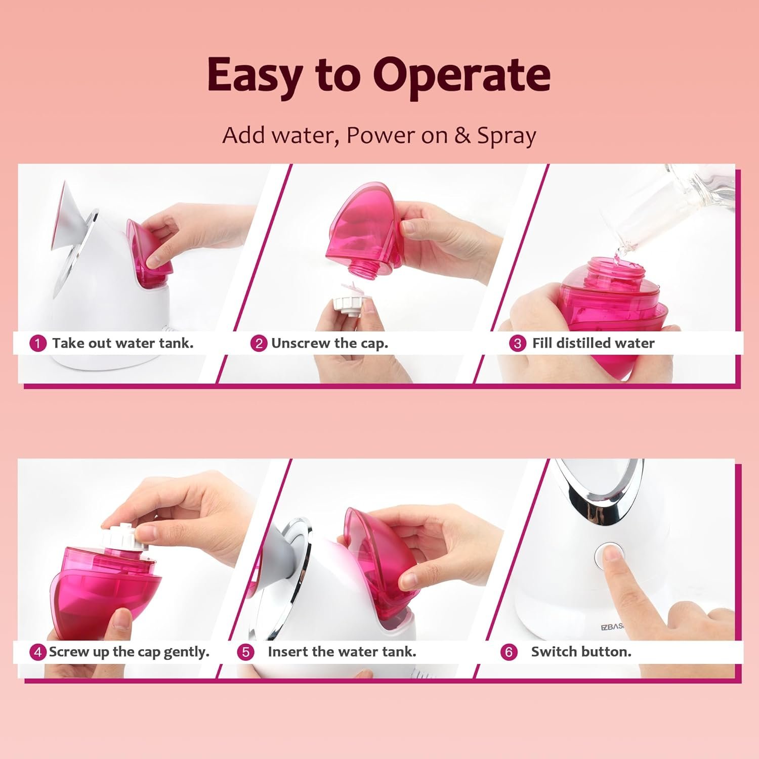 EZBASICS Facial Steamer - Professional Nano Ionic Face Steamer for Facial Deep Cleaning, Warm Mist Humidifier for Home Spa, Unclogs Pores Sinus, Bonus 5 Piece Stainless Steel Skin Kit (Pink) - Image 9