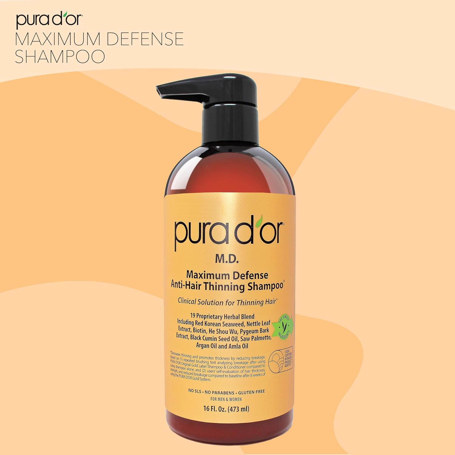 PURA D'OR 16 Oz MD Anti-Hair Thinning Maximum Defense Shampoo - 0.5% Coal Tar, Biotin, Proprietary Herbal Blend For Dry & Itchy Scalp, No Sulfates - For Men & Women - Image 6