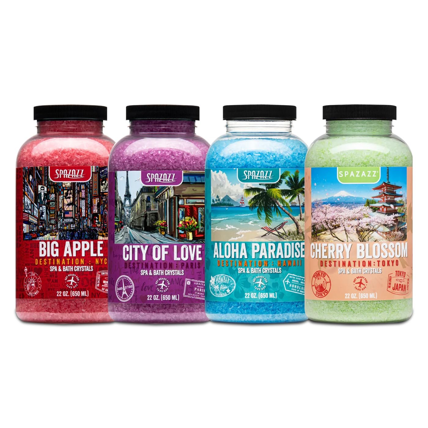 Hot Tub & Spa Aromatherapy Bath Salt Crystal Scents Spazazz Destinations Collection Bundle Aloha Paradise, Big Apple, City of Love, Cherry Blossom - Skin Moisturizer - Will Not Damage Spas & Hot Tubs