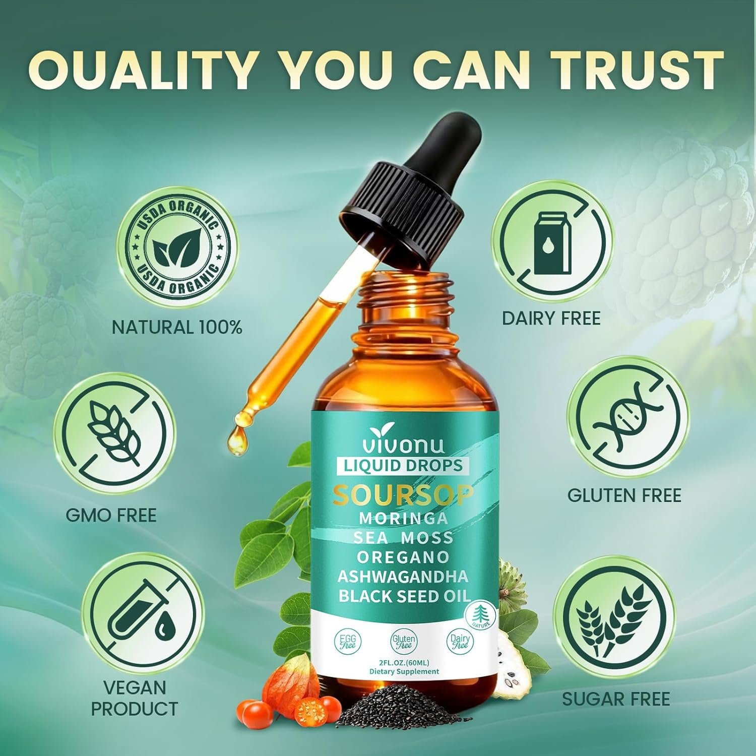 10-in-1 Soursop Bitters Liquid Drops 3000mg, Soursop Drops with Ashwagandha, Black Seed Oil, Moringa, See Moss for Natural Antioxidant, Cell Support & Regeneration, Immune Boost, Rich In Vitamin D& C - Image 6