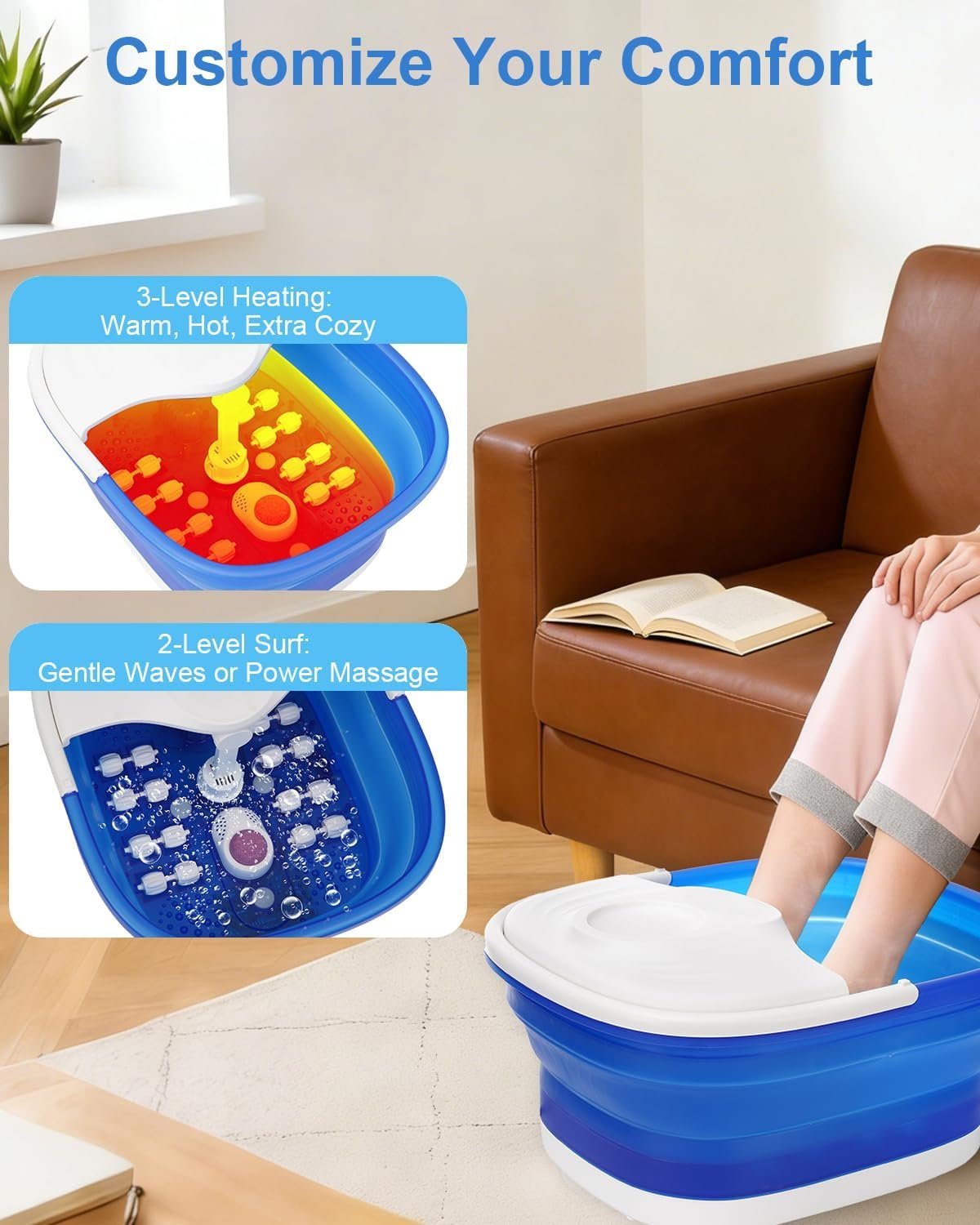 Collapsible Foot Spa Bath with Heat, Remote Control & 16 Massage Rollers, Fast Heating Pedicure Tub for Relaxing Tired Feet, Foot Soaker with Surf & Red Light, Fits Men Size 12 (Royal Blue) - Image 3