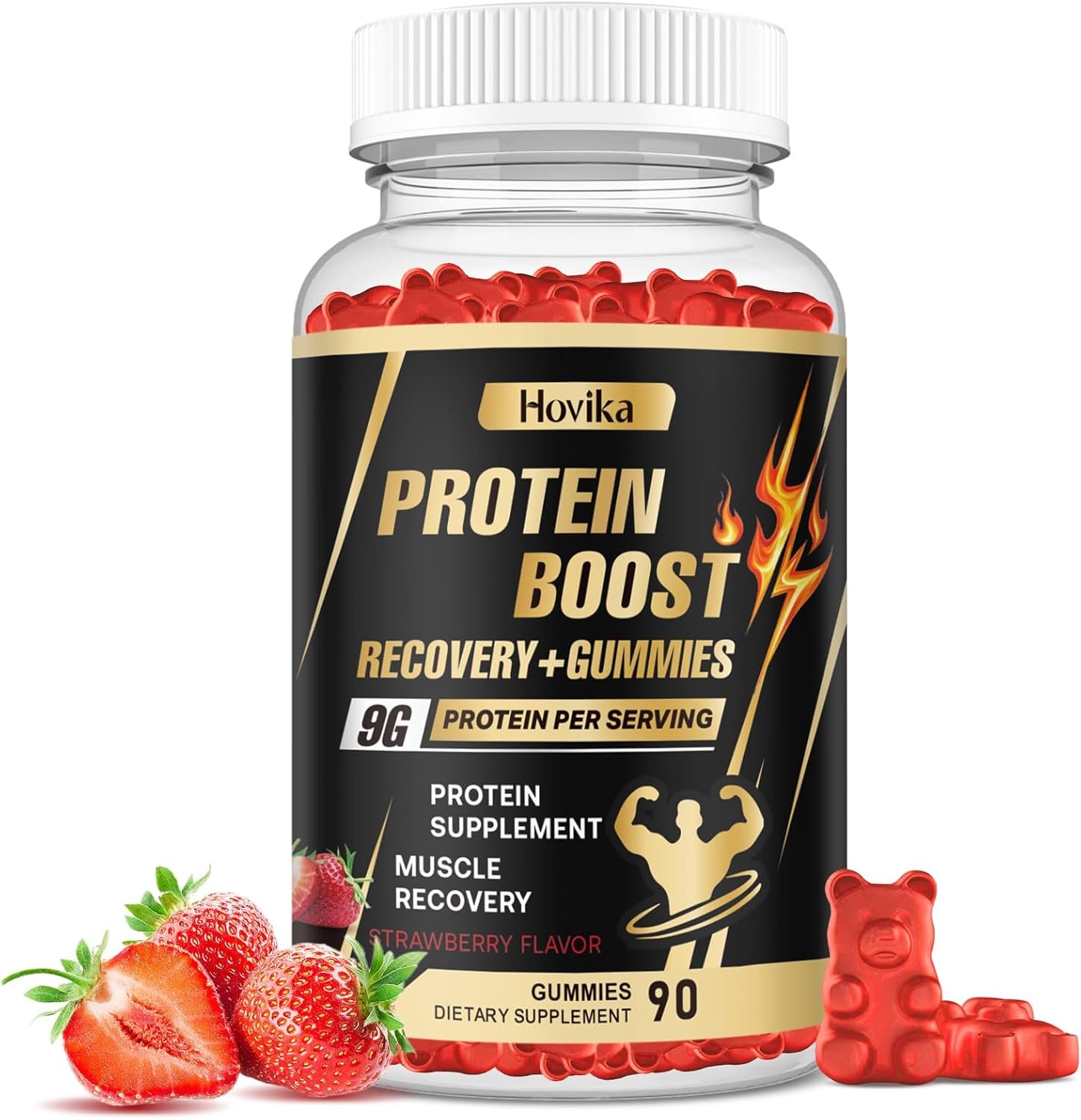 Whey Protein Gummies, 9g Protein per Serving, Easy to Take Snacks for Men & Women, Recovery + Supplement Gummies for Protein Boost, Muscle, Energy Support, Strawberry Flavor, 90 Gummies